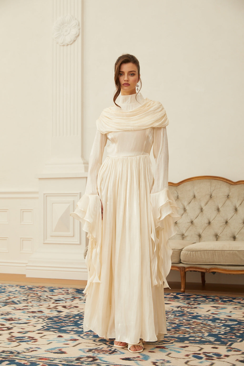 Danuta Neutral Ruched Pleated Maxi Dress(Final Sale-US Only)