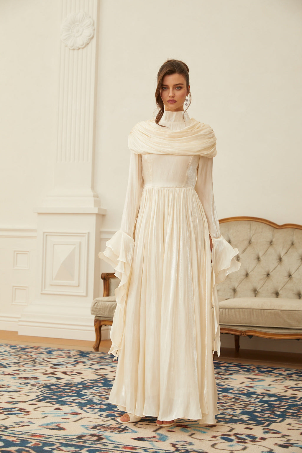 Danuta Neutral Ruched Pleated Maxi Dress(Final Sale-US Only)