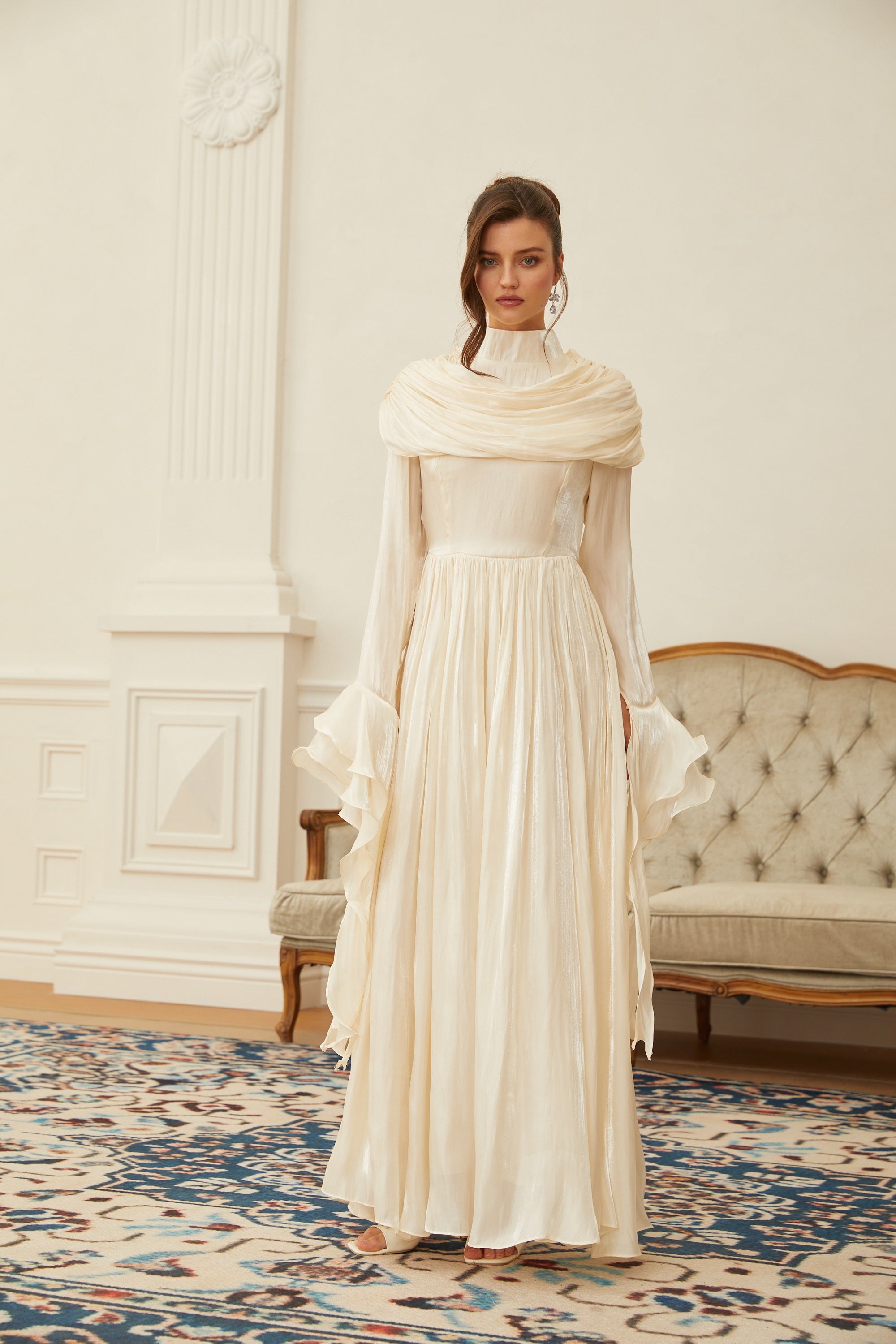 Danuta Neutral Ruched Pleated Maxi Dress(Final Sale-US Only)