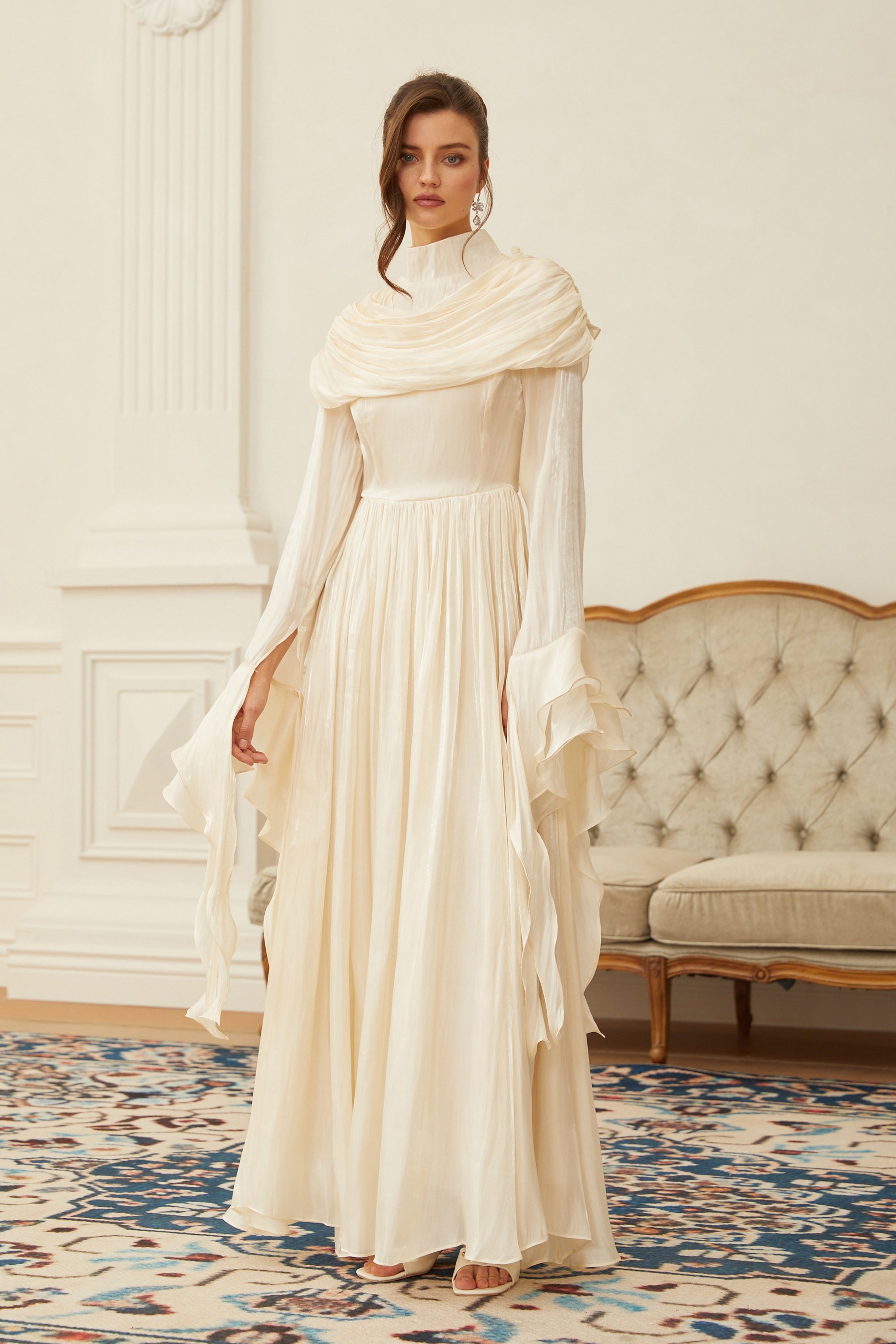 Danuta Neutral Ruched Pleated Maxi Dress(Final Sale-US Only)