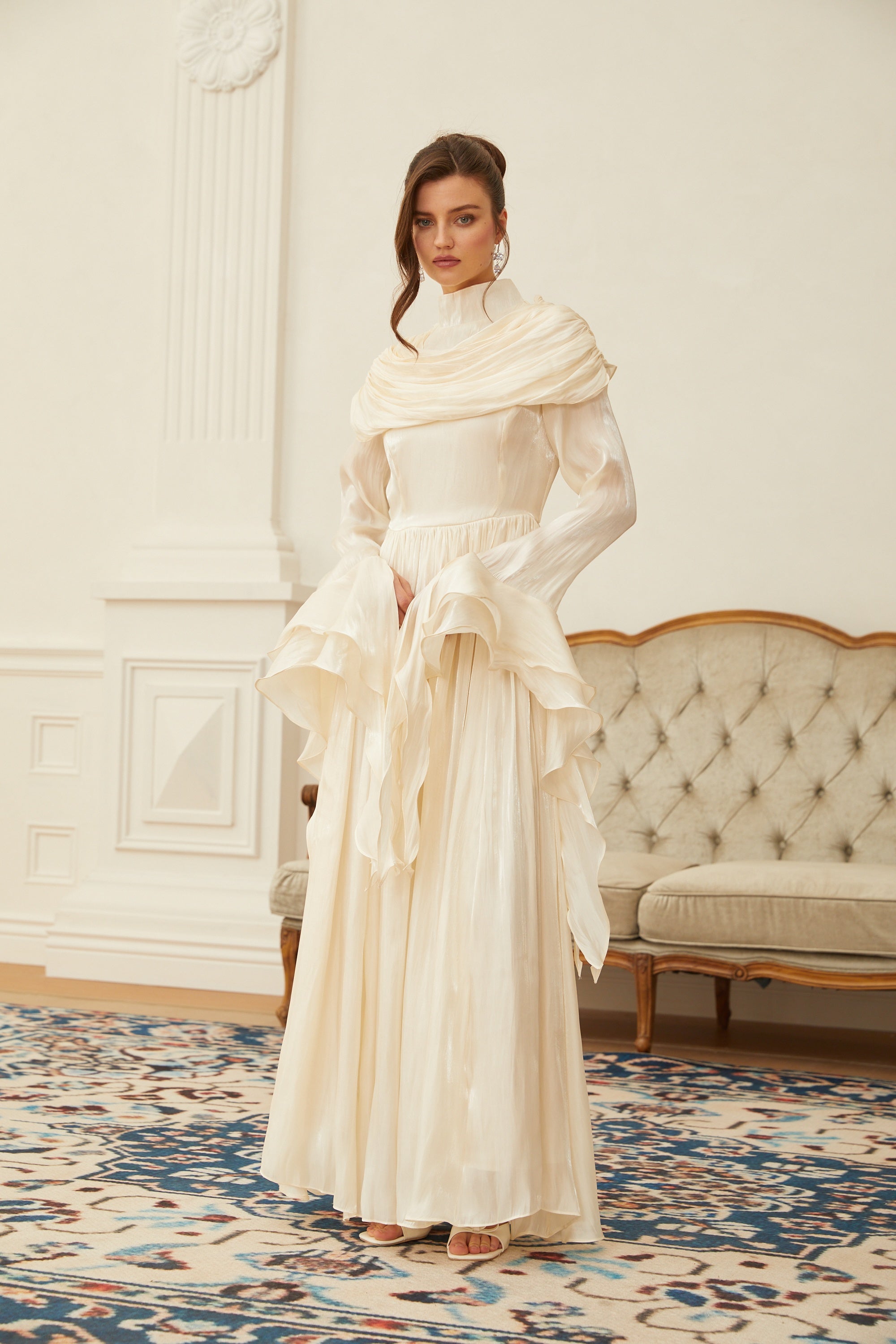 Danuta Neutral Ruched Pleated Maxi Dress(Final Sale-US Only)
