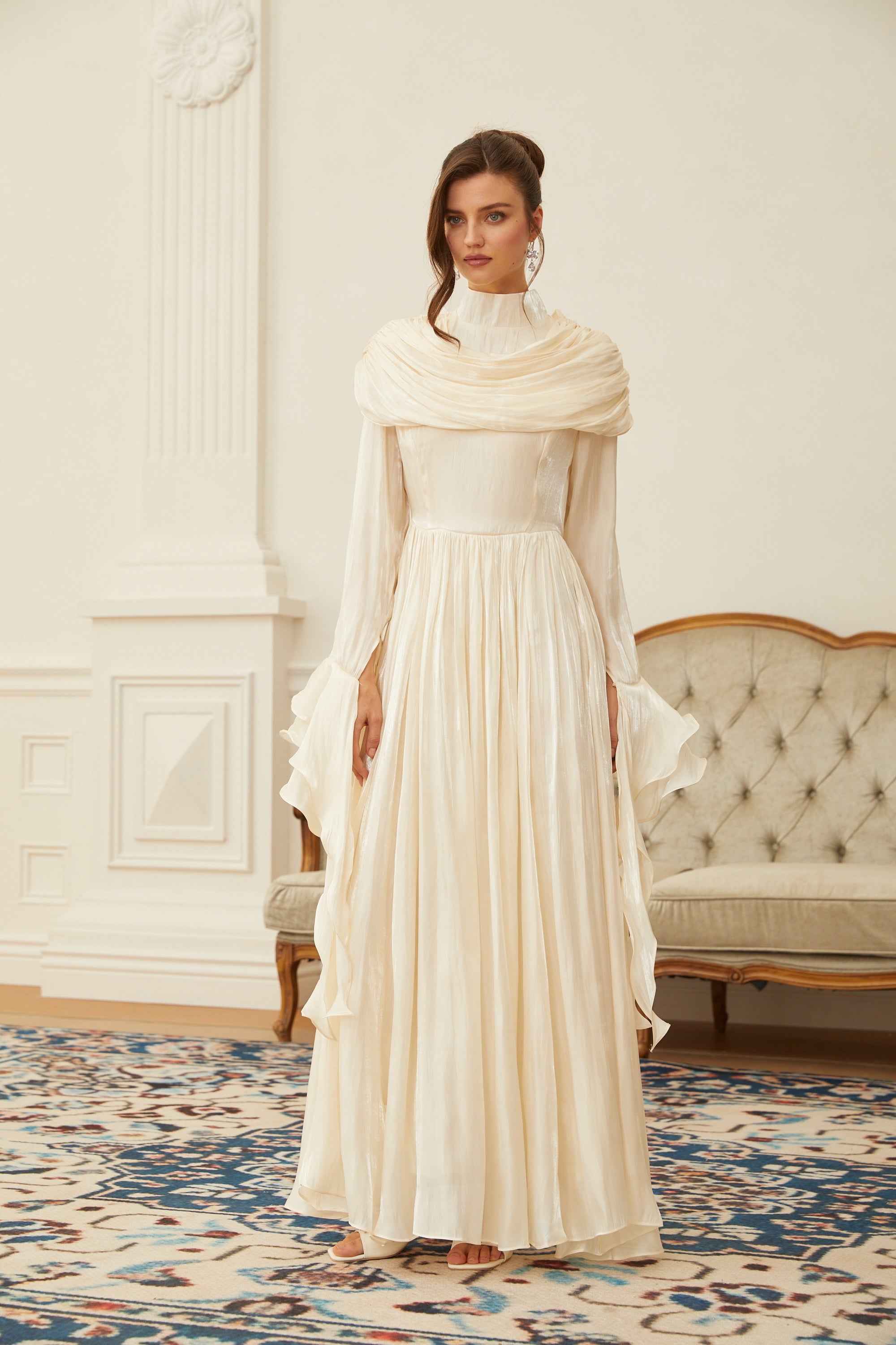 Danuta Neutral Ruched Pleated Maxi Dress(Final Sale-US Only)