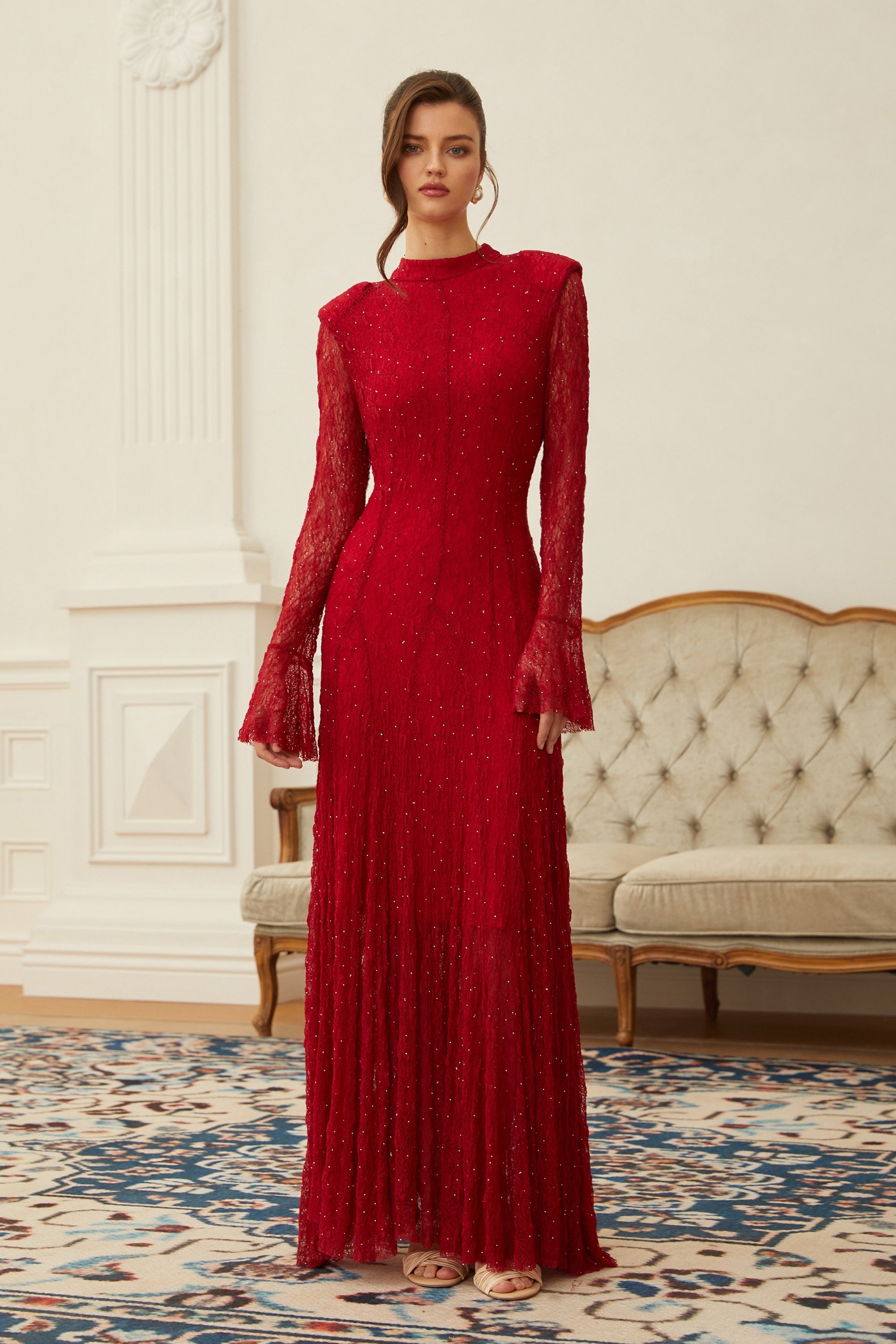 Justyna Red Rhinestone Guipure Lace Maxi Dress  (Final Sale-US Only)