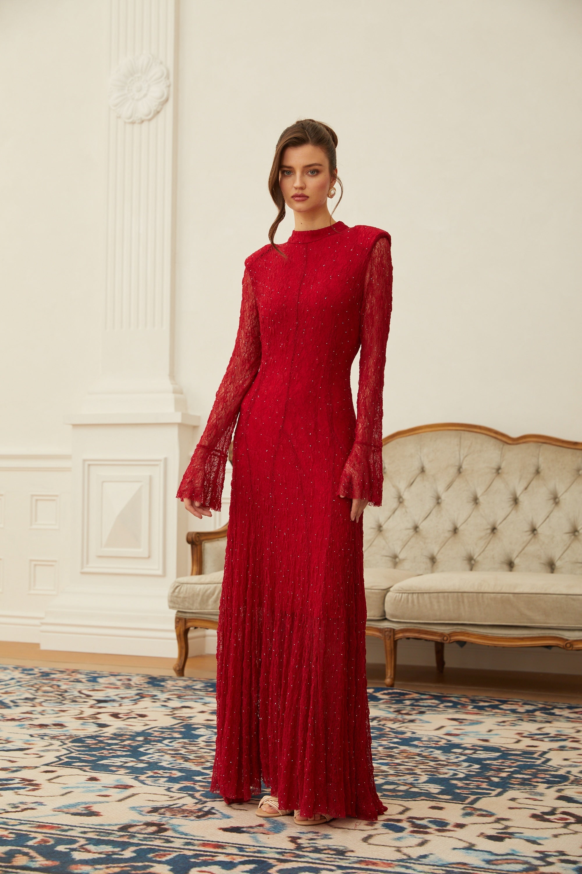 Justyna Red Rhinestone Guipure Lace Maxi Dress  (Final Sale-US Only)