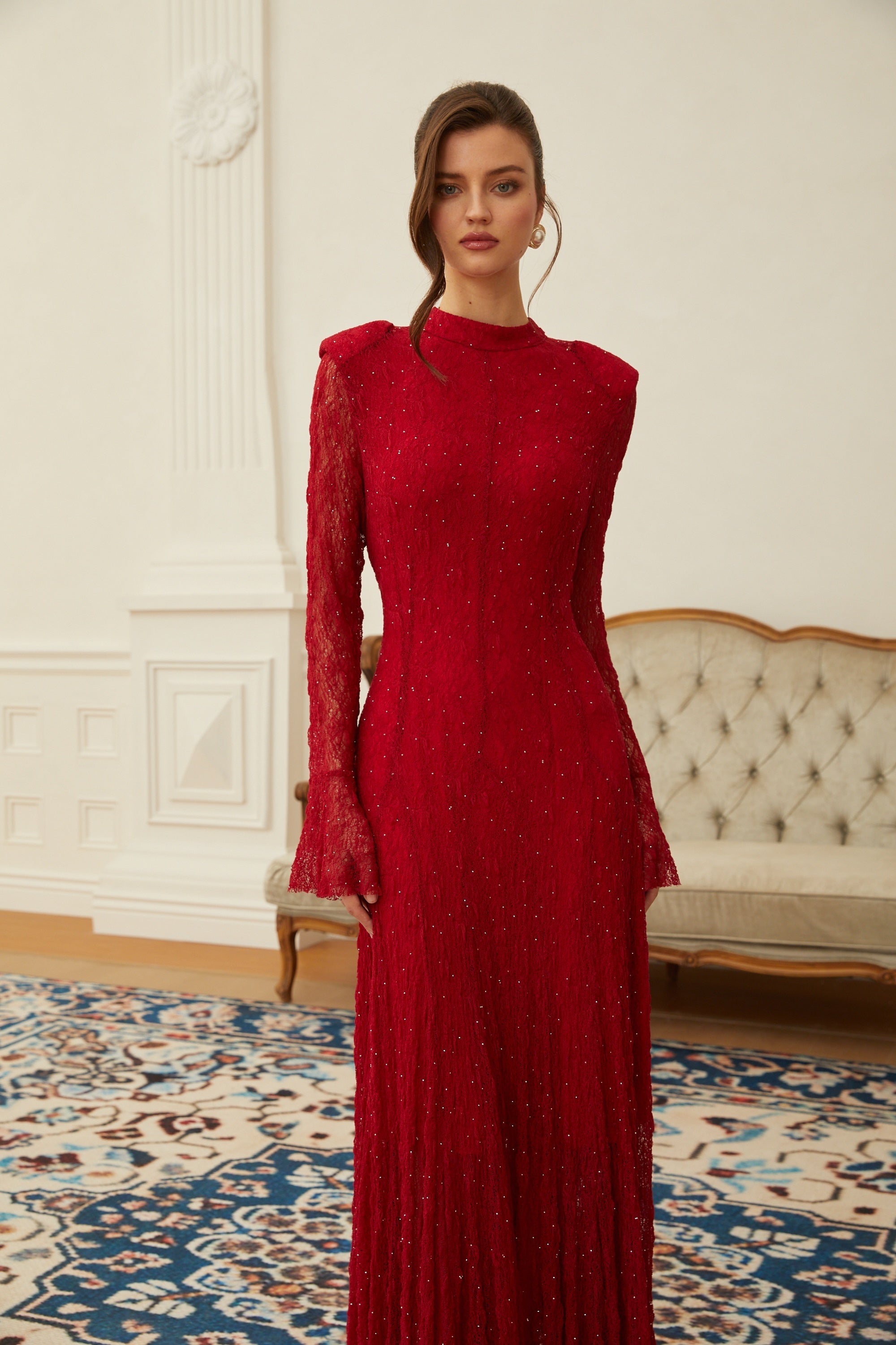 Justyna Red Rhinestone Guipure Lace Maxi Dress  (Final Sale-US Only)