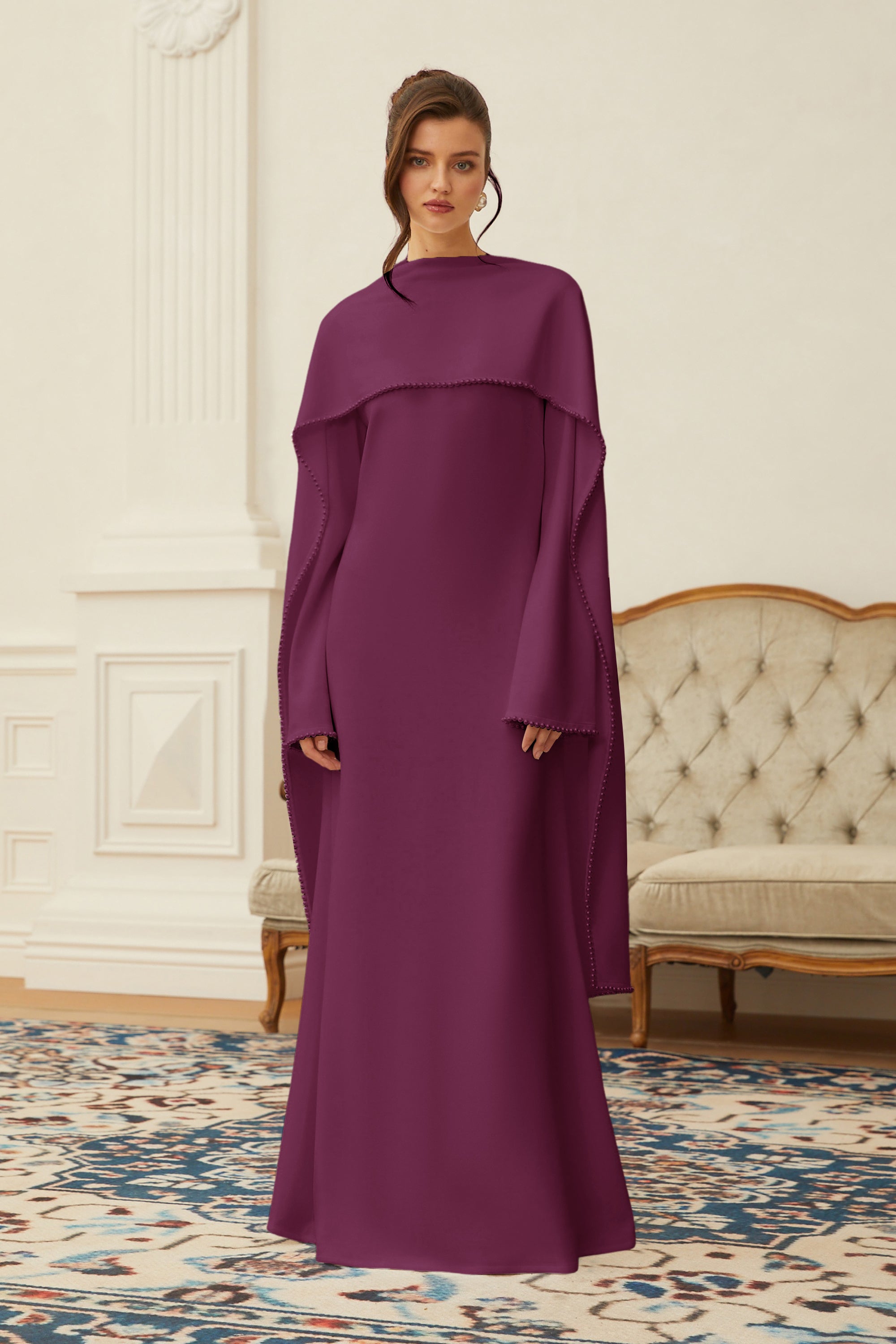 Piroska Purple Pearl Trim Shawl Detail Maxi Dress (Final Sale-US Only)