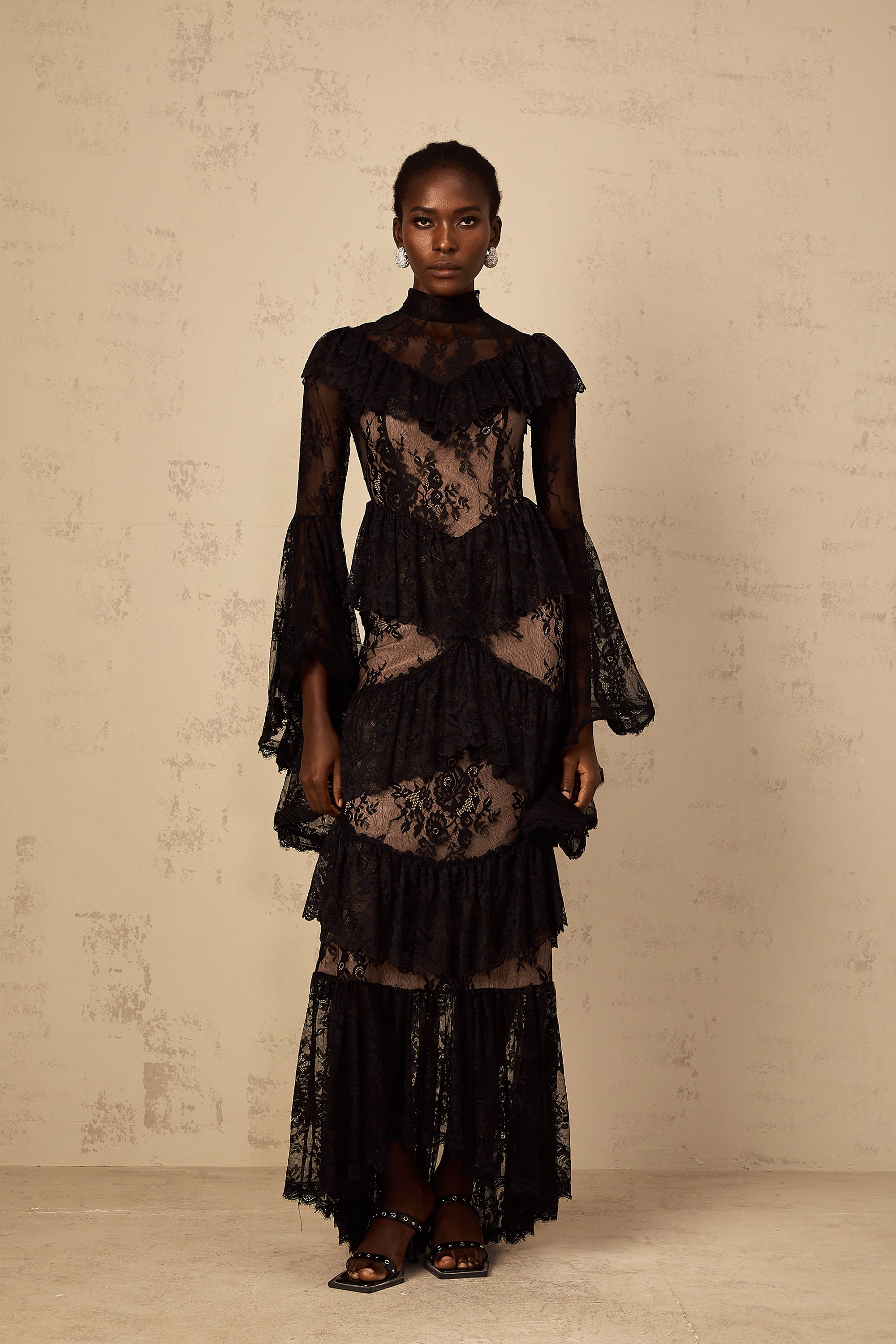 Roxane black floral-lace ruffled maxi dress (Final Sale-US Only)