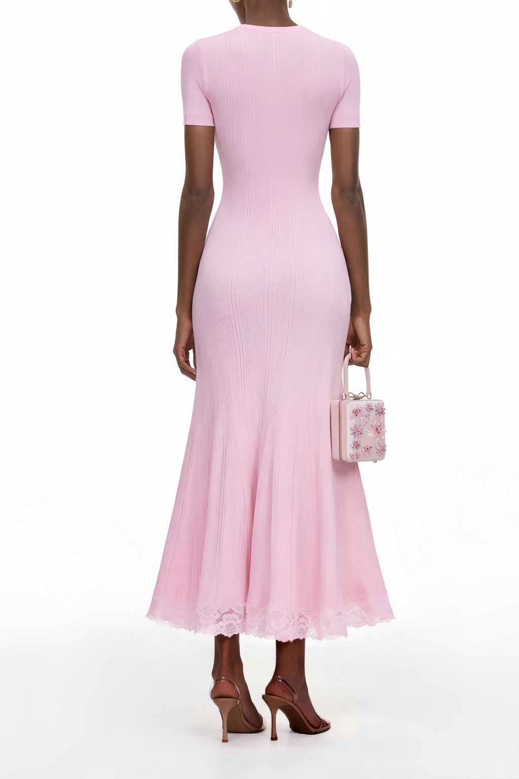 Thalya Pink Lace Trim Knit Midi Dress