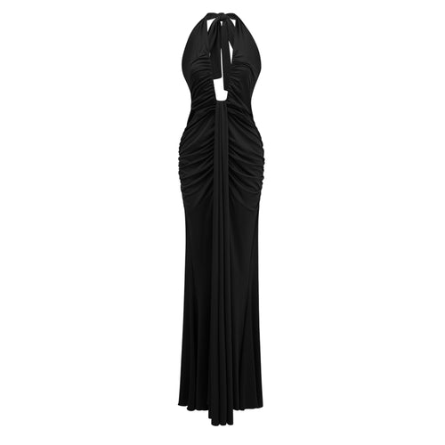 Vestido maxi halter con drapeado en la parte superior y falda ajustada, en color oscuro, de la marca Final Sale.