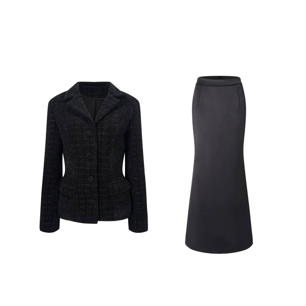 Conjunto de chaqueta de tweed negra Ariadna y falda de satén, vestido elegante de la marca Final Sale, vista de frente.