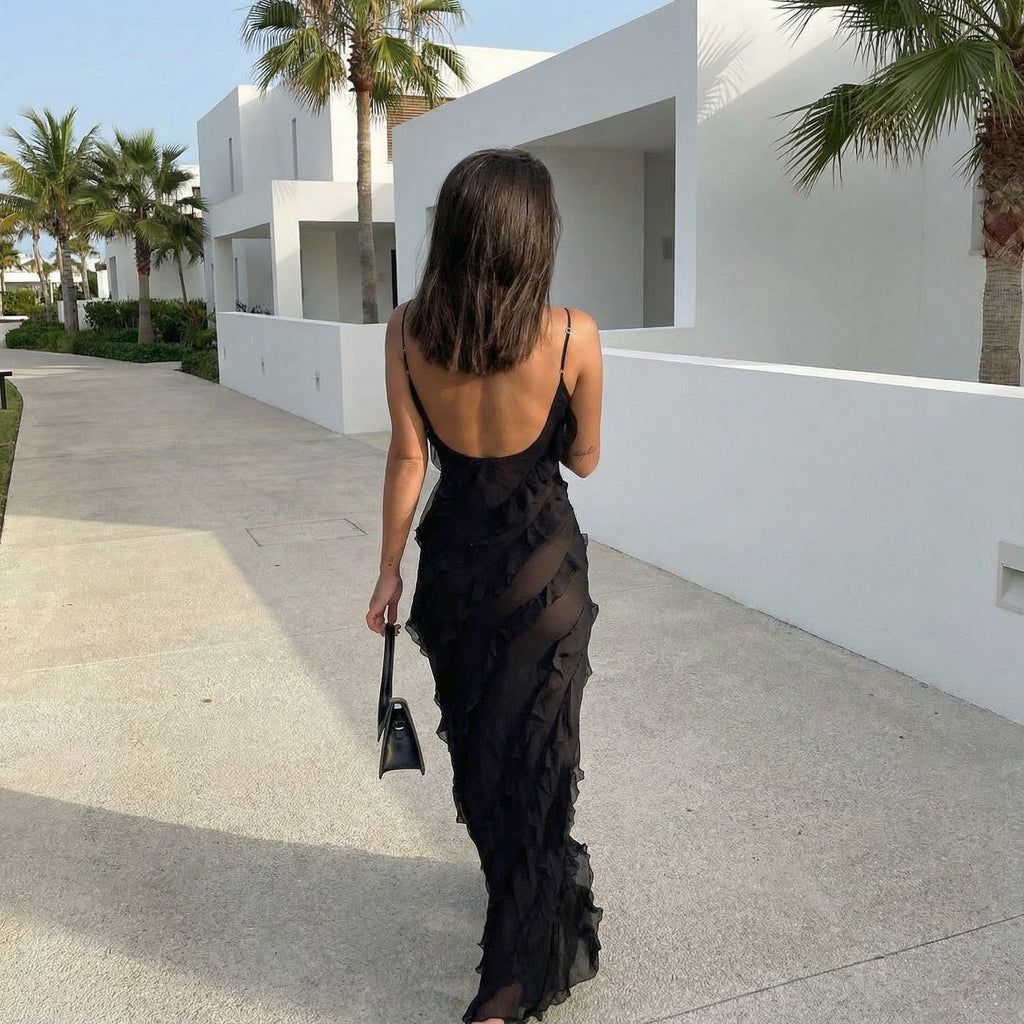 Vestido de invitada de boda Zara con volantes, diseñado por SLIPPO®, con detalles elegantes y tela suave.