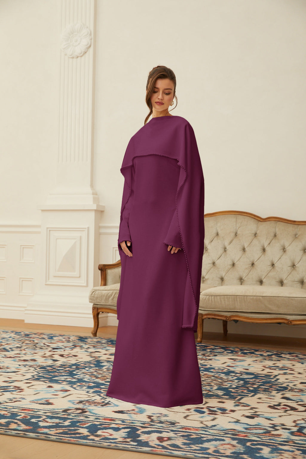 Piroska Purple Pearl Trim Shawl Detail Maxi Dress (Final Sale-US Only)