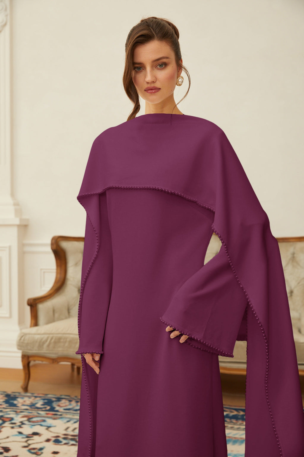 Piroska Purple Pearl Trim Shawl Detail Maxi Dress (Final Sale-US Only)