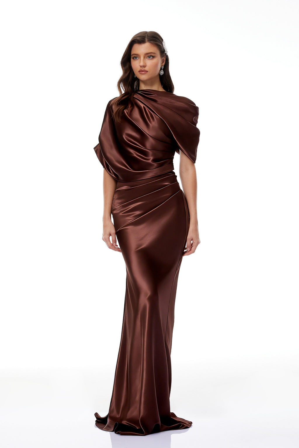 Luisa Brown Asymmetrical Gathered Satin Maxi Dress (Final Sale-US Only)