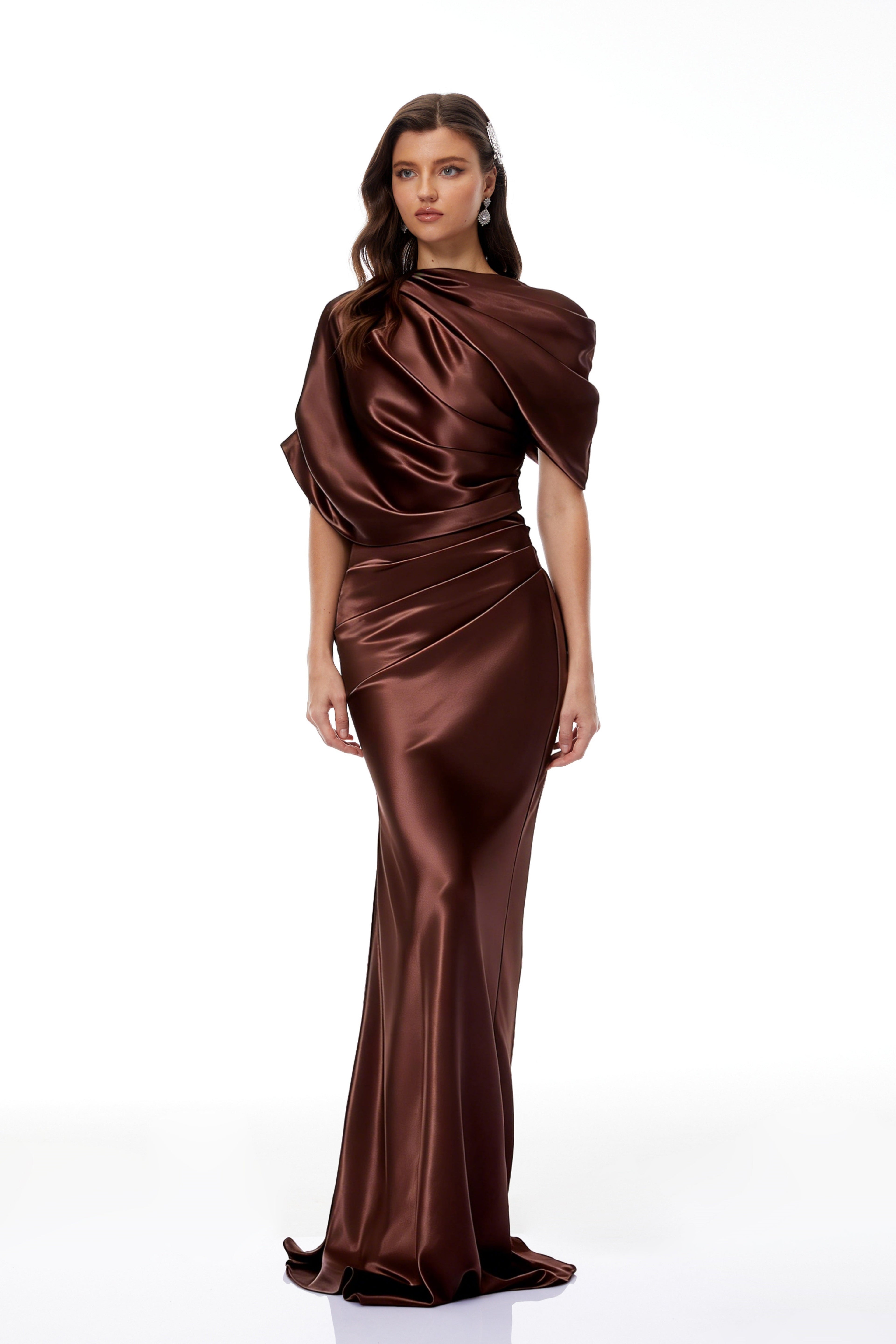 Luisa Brown Asymmetrical Gathered Satin Maxi Dress (Final Sale-US Only)