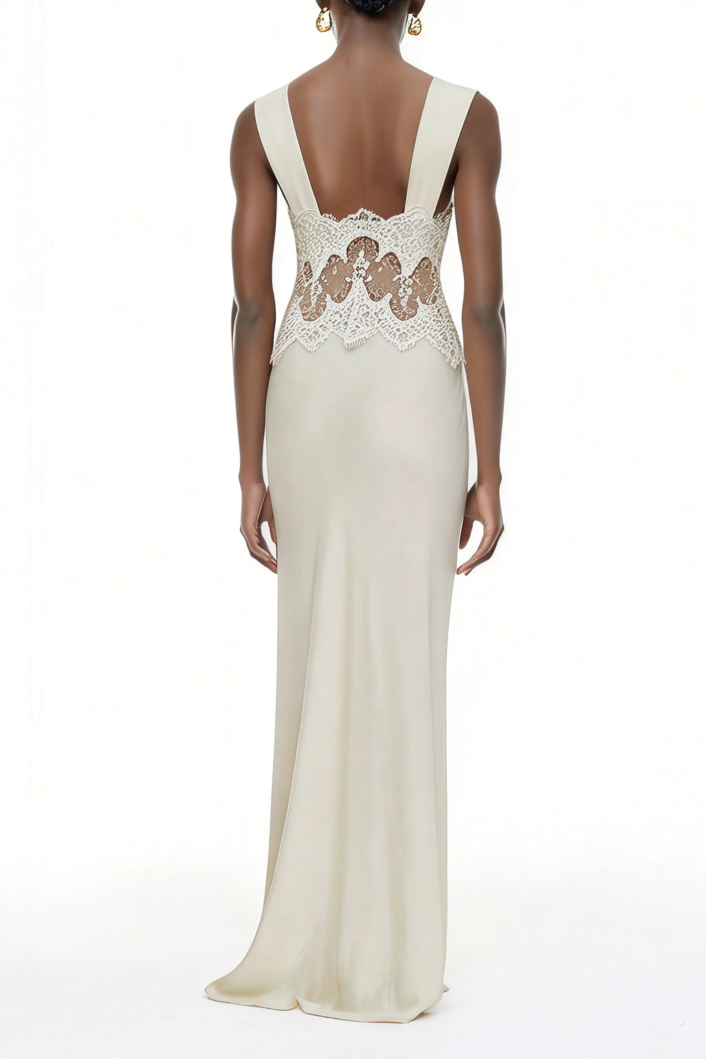 Vestido largo satin Aitana Neutrals de MRTokyo con paneles de encaje, diseño elegante y sofisticado en tonos neutros.