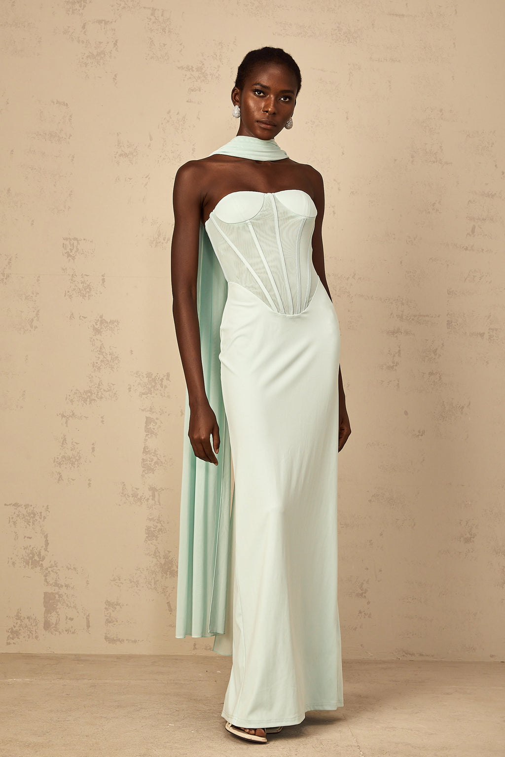 Béryl Tulle Panel Corset Maxi Dress in Mint Green (Final Sale-US Only)