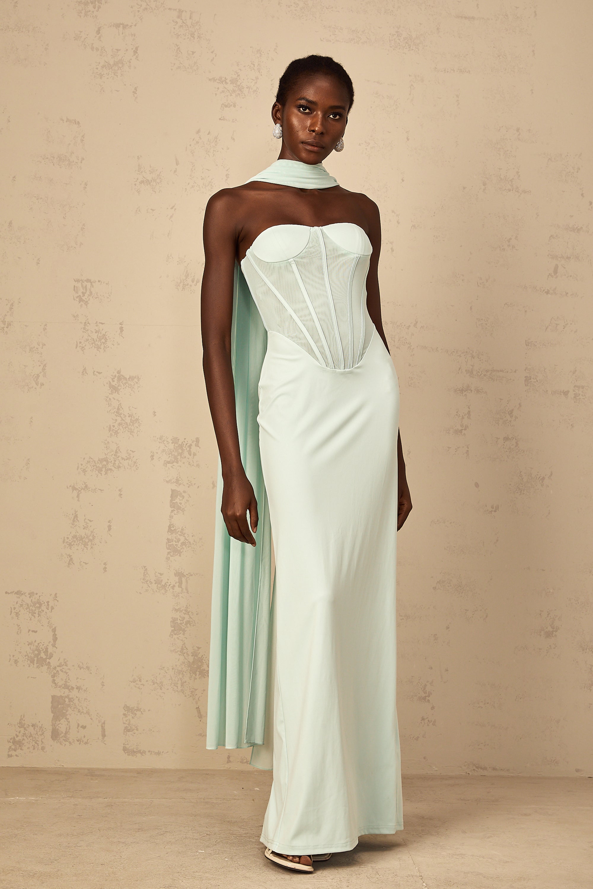 Béryl Tulle Panel Corset Maxi Dress in Mint Green (Final Sale-US Only)