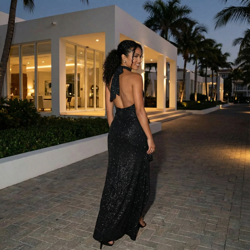 Vestido largo sin espalda y con abertura para niñas de noche de la marca SLIPPO®, diseñado para ocasiones elegantes.