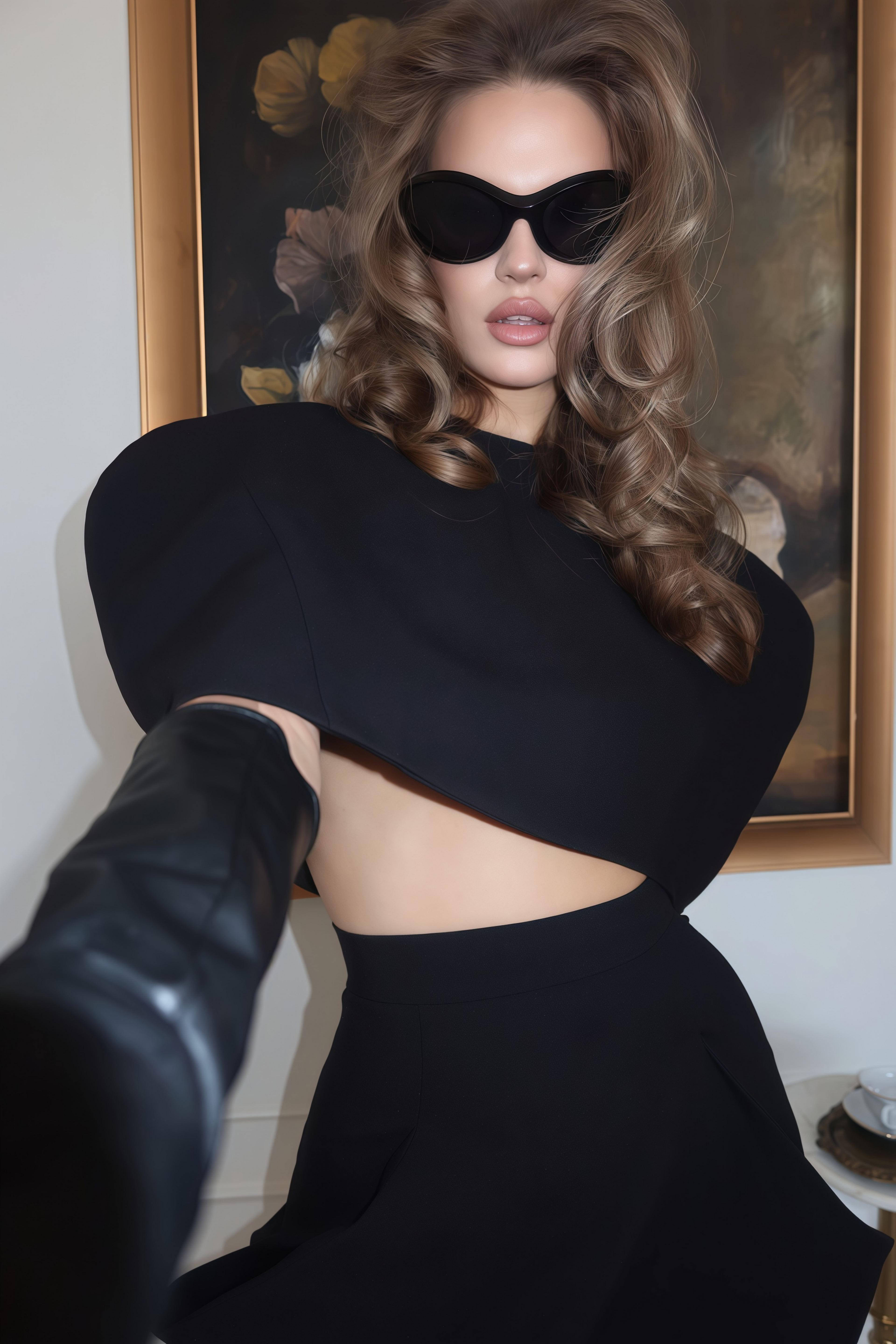 Conjunto de capé estructurado Shiva negro y falda asimétrica de MRNewyork, muestra la textura y el diseño elegante del conjunto.