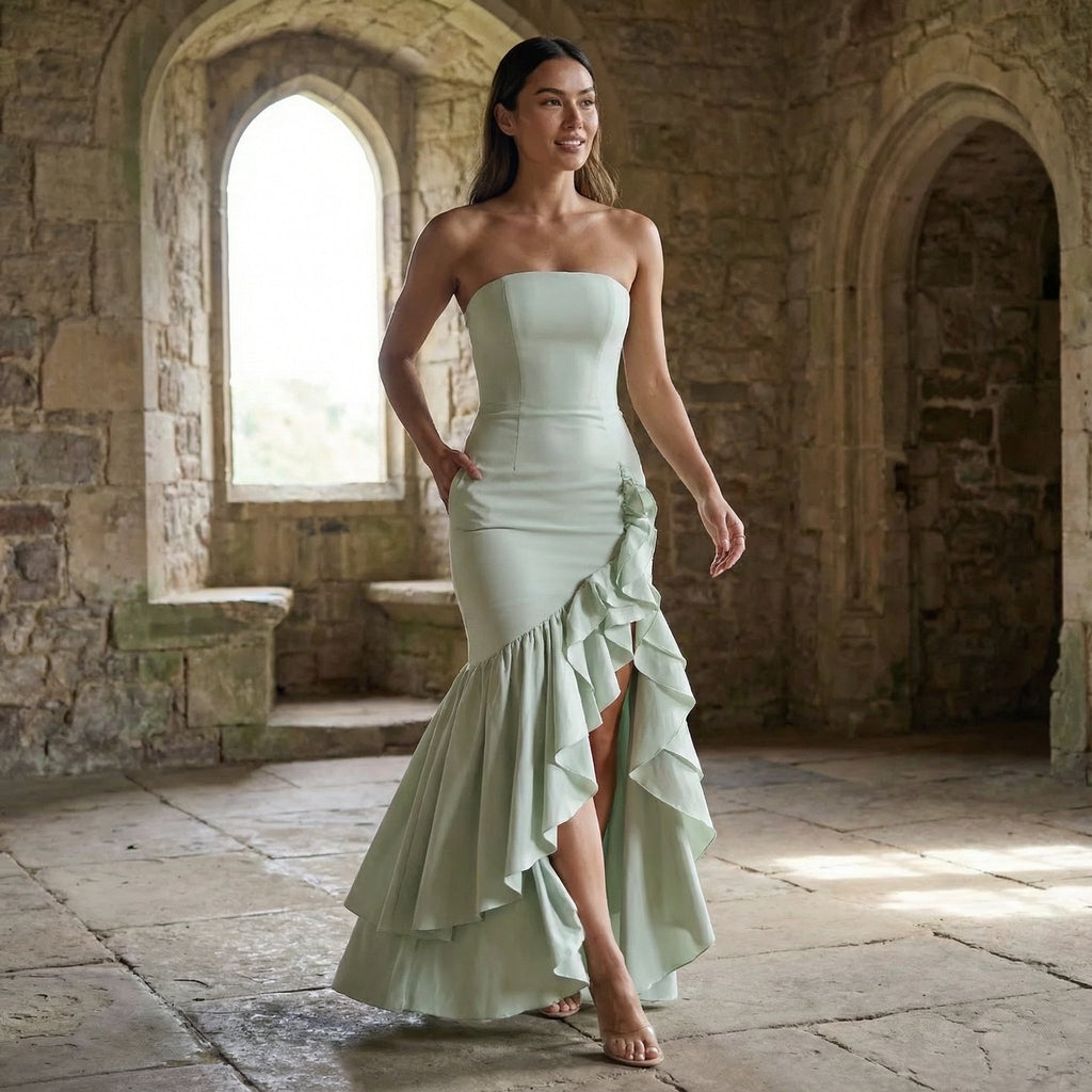 Vestido largo sin mangas con abertura y volantes de la marca SLIPPO®, ideal para invitadas de bodas, en color y diseño elegante.