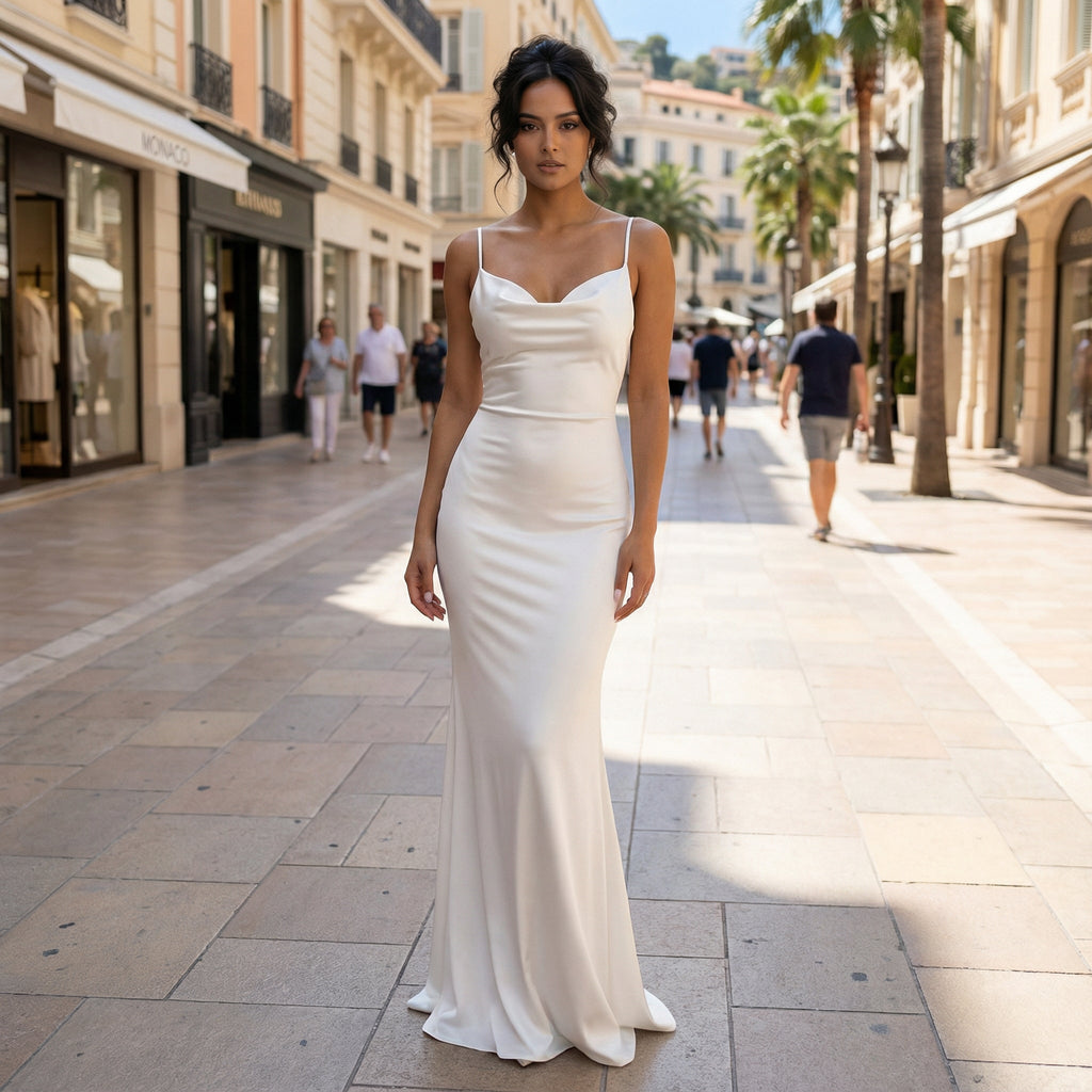 Vestido maxi de satén para invitada de boda Cassiane de SLIPPO®, con patchwork de flores en color suave.