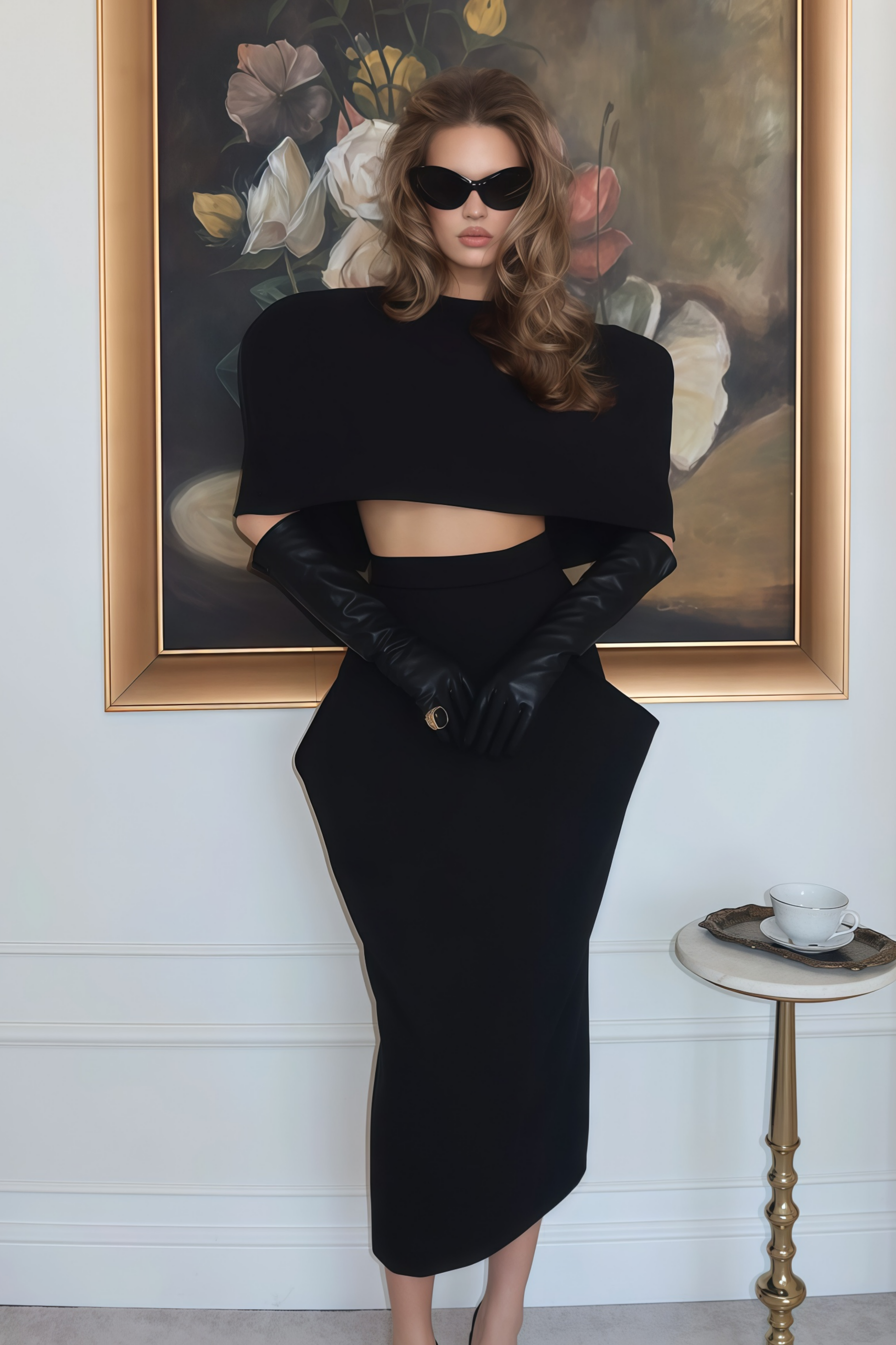 Conjunto de capa estructurada y falda asimétrica Shiva Black de MRNewyork, en tonos oscuros y diseño elegante.