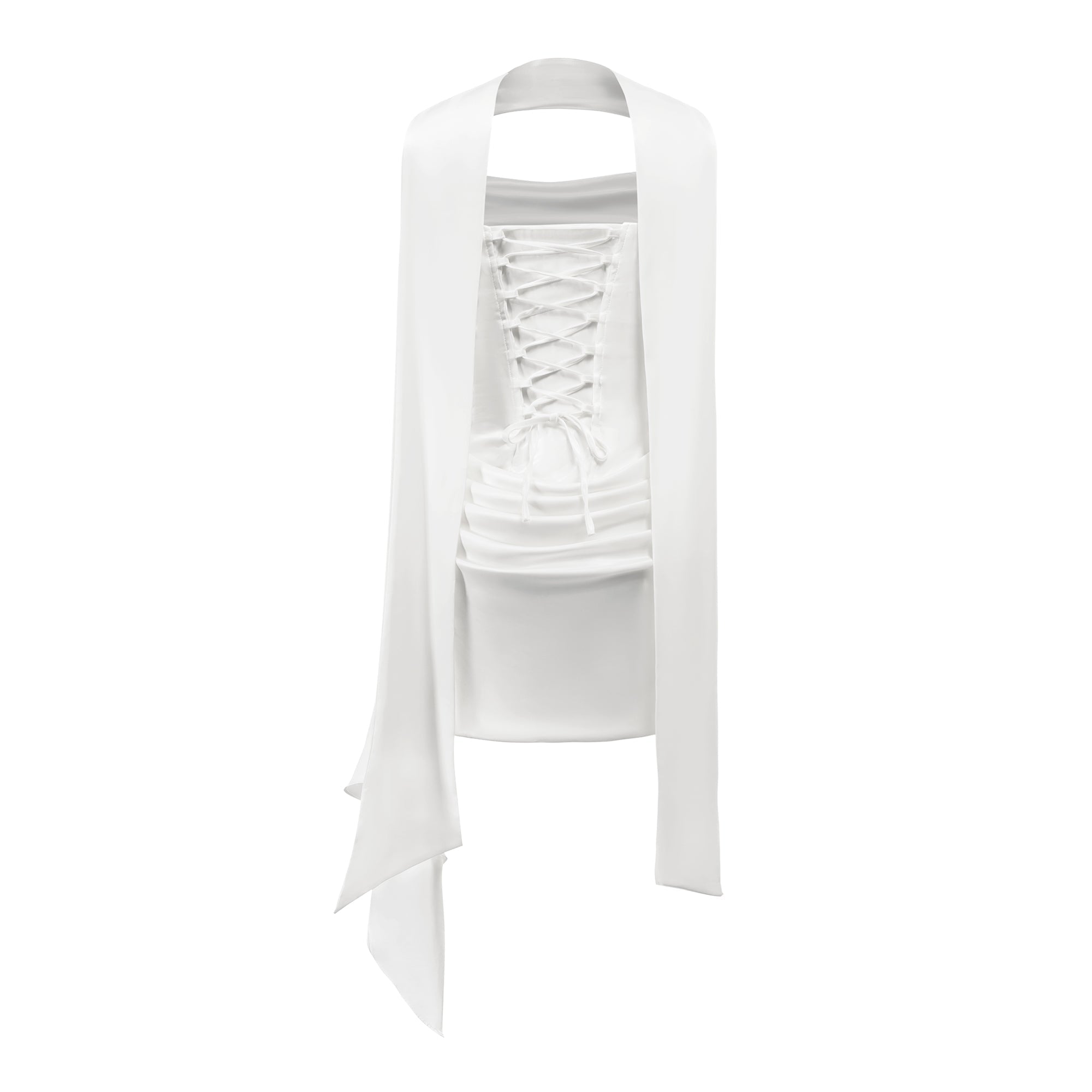 Vestido mini blanco Zenina con detalle de lazo arrugado y ajuste en la cintura, estilo elegante y moderno.