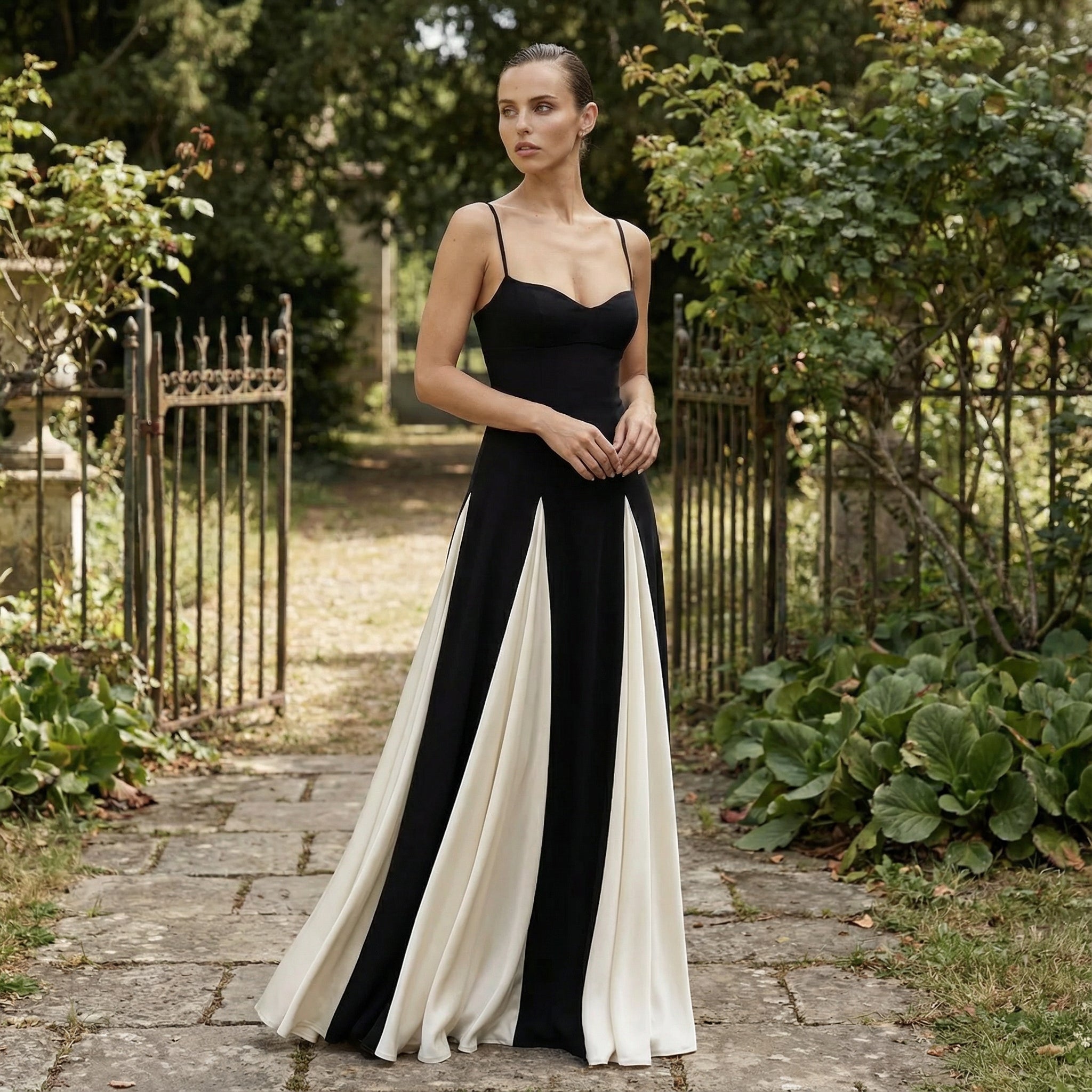 Vestido largo maxi de estilo clásico con volantes en contraste, de la marca SLIPPO®, diseño elegante y sofisticado en color neutro.