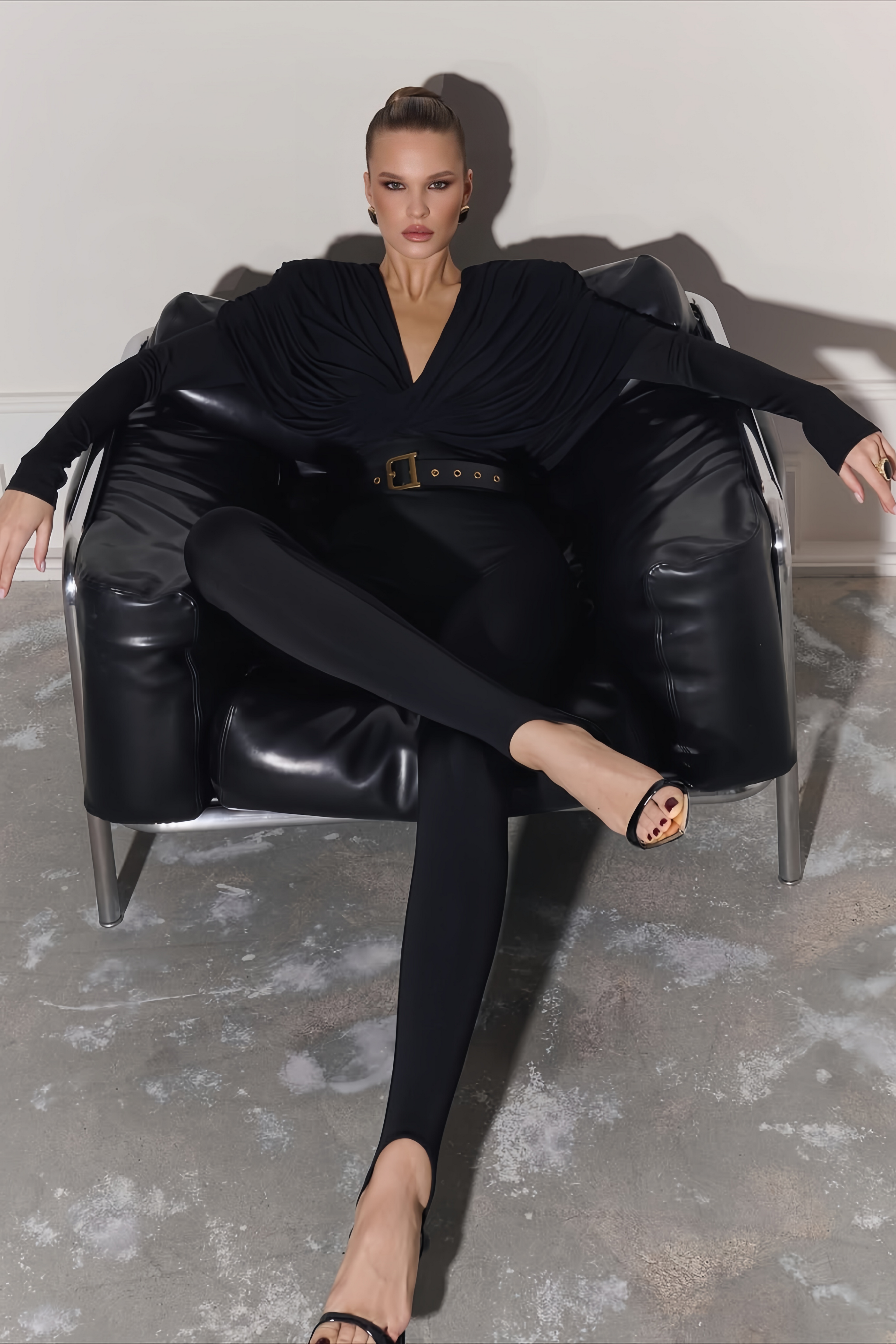 Gianina Black Deep V-Neck Draped Jumpsuit