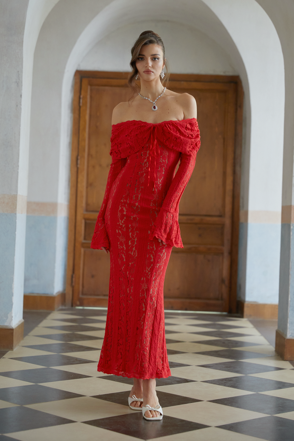 Émeline Red Floral Lace Flared-cuff Midi Dress (Final Sale-US Only)