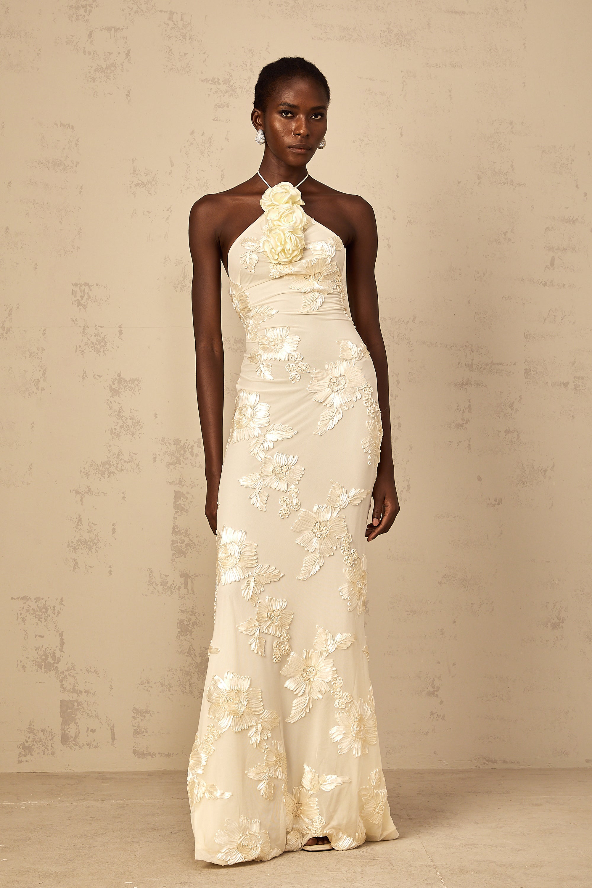 Vestido maxi halter con bordado Melanie Neutrals de Final Sale, vestido largo con diseño bordado en tonos neutros.