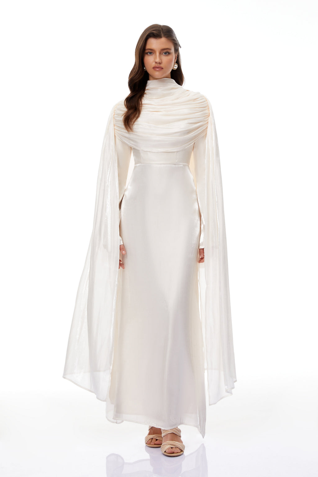 Hege Cream Glossy Ruched Cape Maxi Dress (Final Sale-US Only)