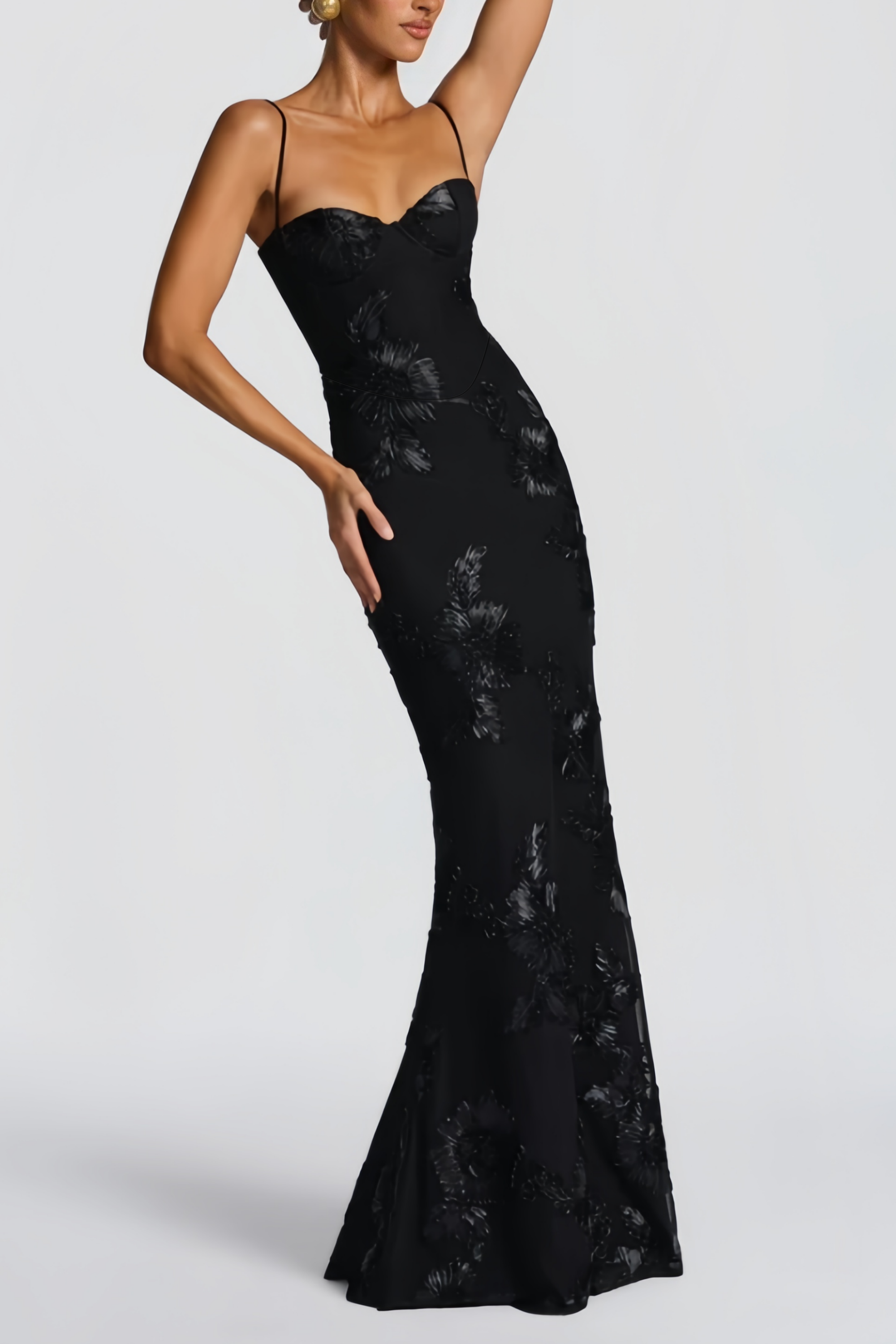 Théoline Black Floral Appliqué Corset Maxi Dress (Final Sale-US Only)