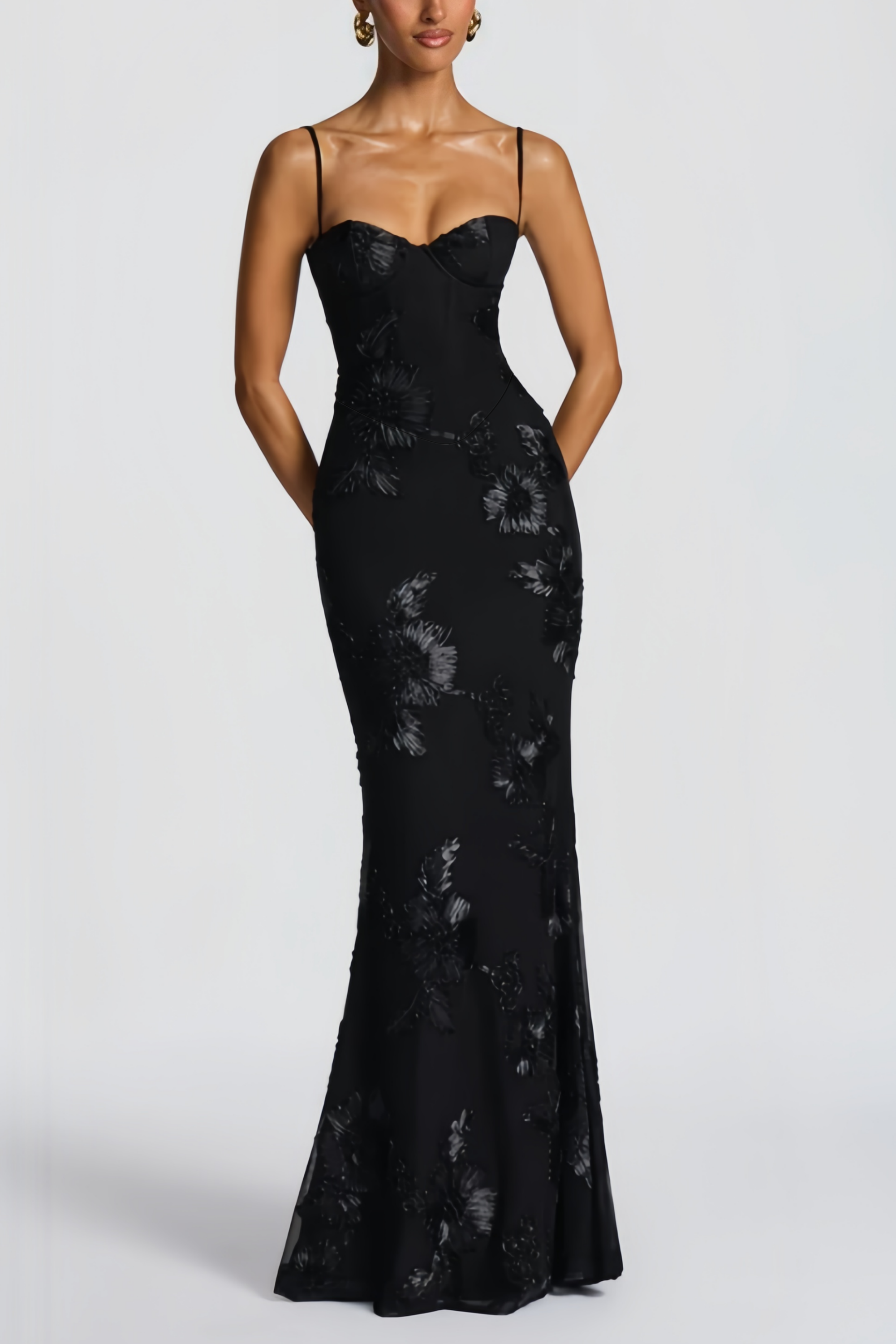Théoline Black Floral Appliqué Corset Maxi Dress (Final Sale-US Only)