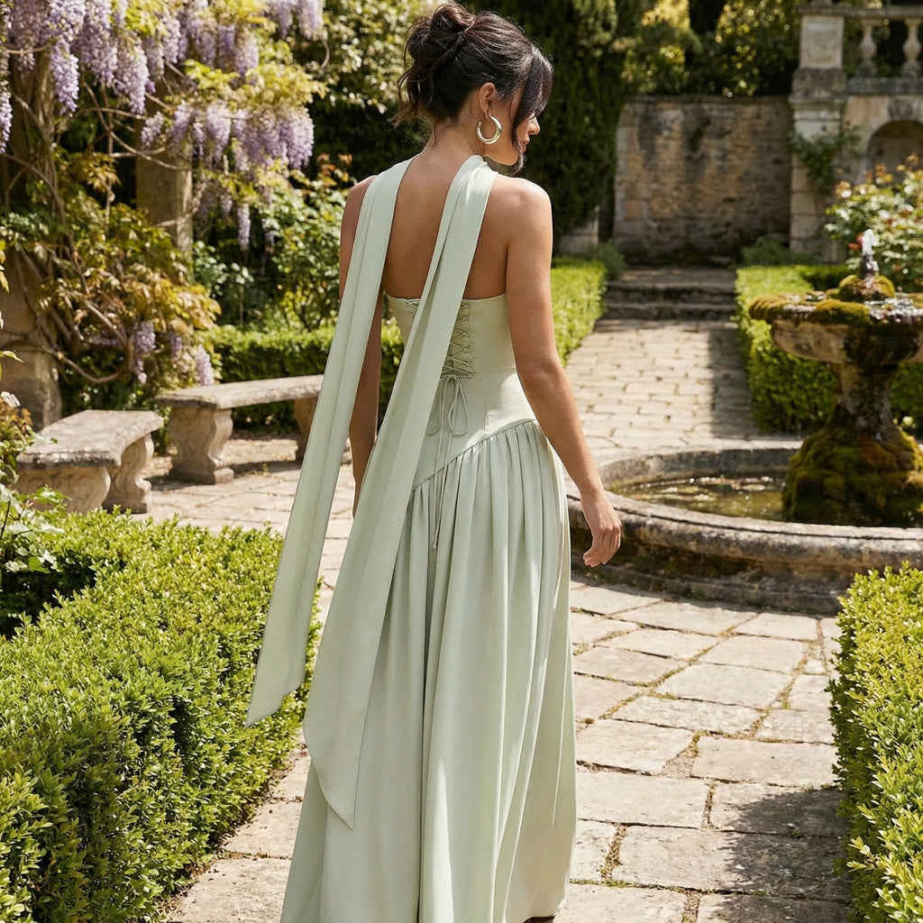 Vestido largo sin tirantes SLIPPO® Maia, vestido maxi de tela fluida y estilo elegante, en color neutro.