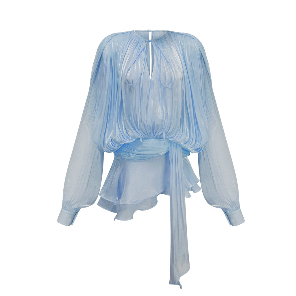 Eugénie Mini vestido azul con volantes y pliegues