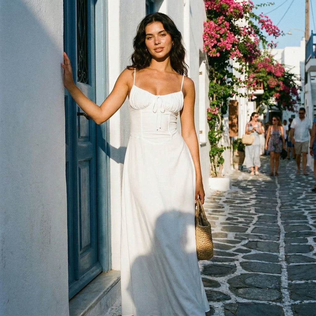 Vestido largo sin mangas Corina de SLIPPO®, vestido de invitada de boda con encaje y cordones en la parte superior.