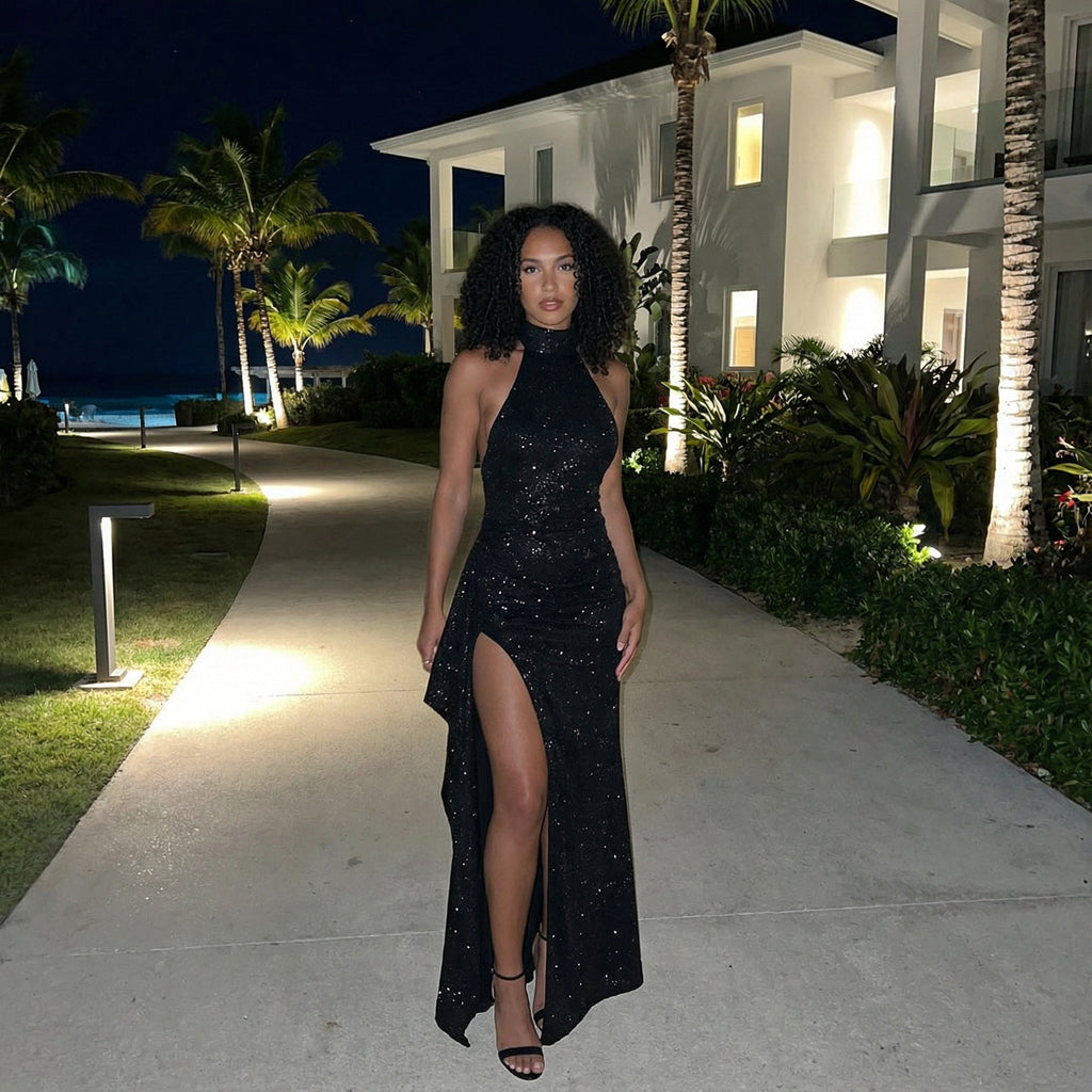 Vestido largo sin espalda con abertura para noche de chicas, marca SLIPPO®, diseñado para ocasiones elegantes y modernas.