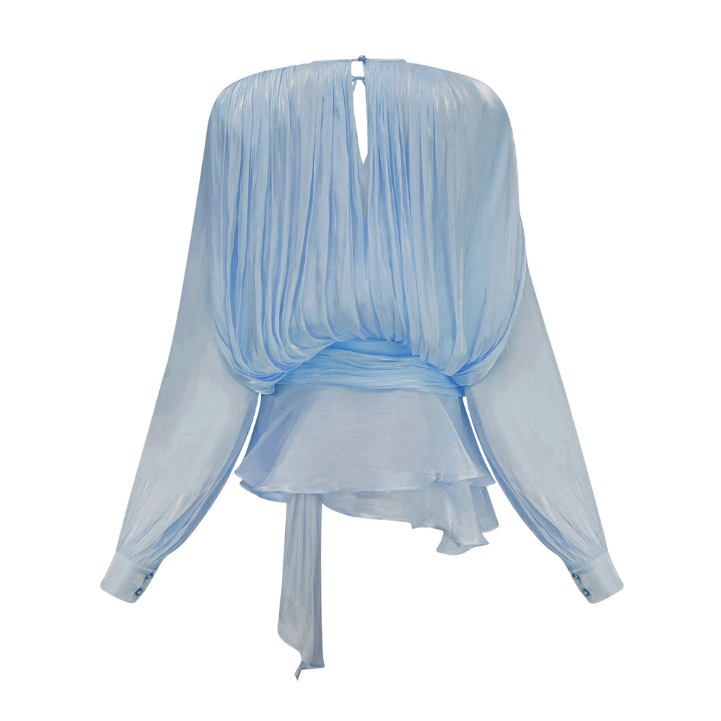 Eugénie Mini vestido azul con volantes y pliegues