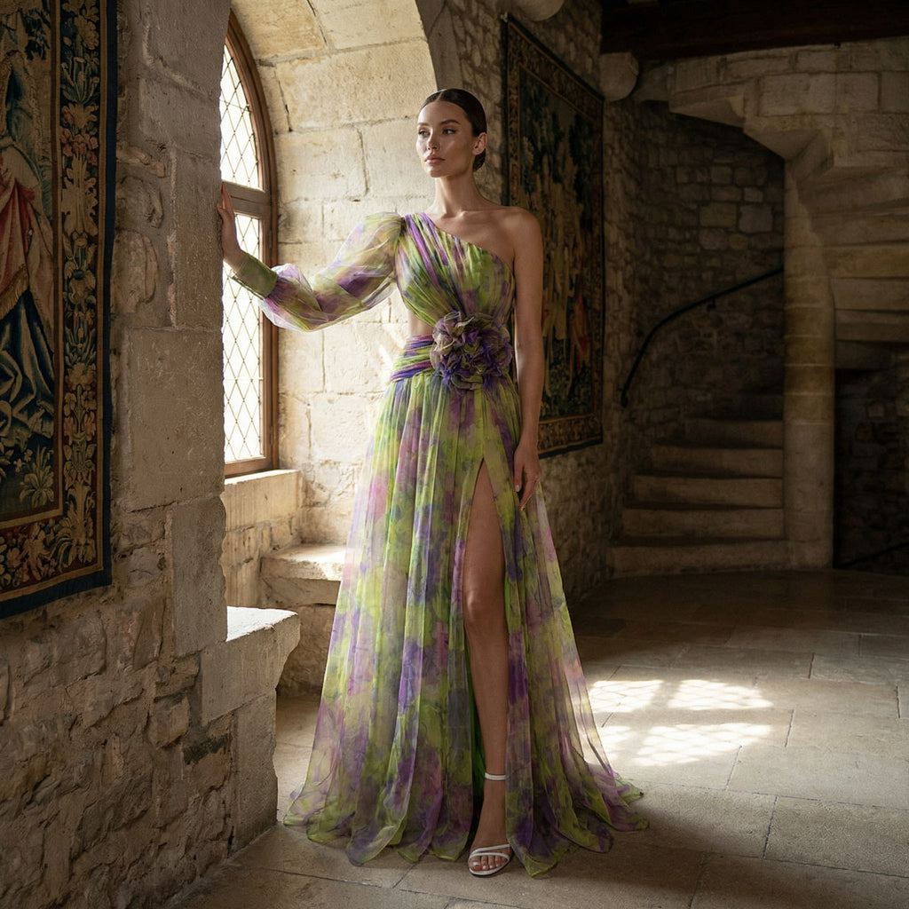 Vestido largo de manga larga Cecelia de SLIPPO® para invitada de boda, en color elegante, con diseño fluido y detalles sofisticados.