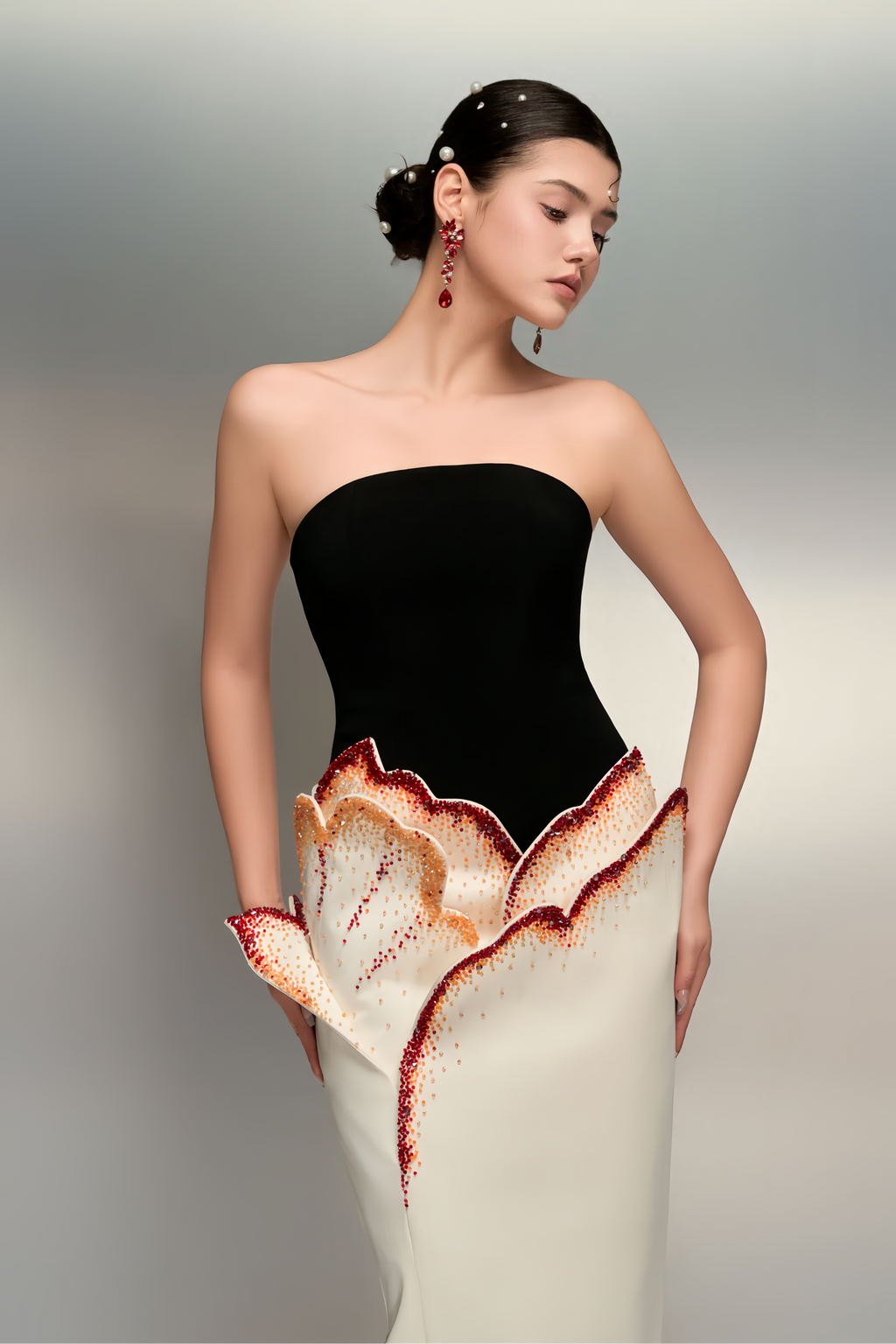 Mieke White Color Block 3D Petal Maxi Dress