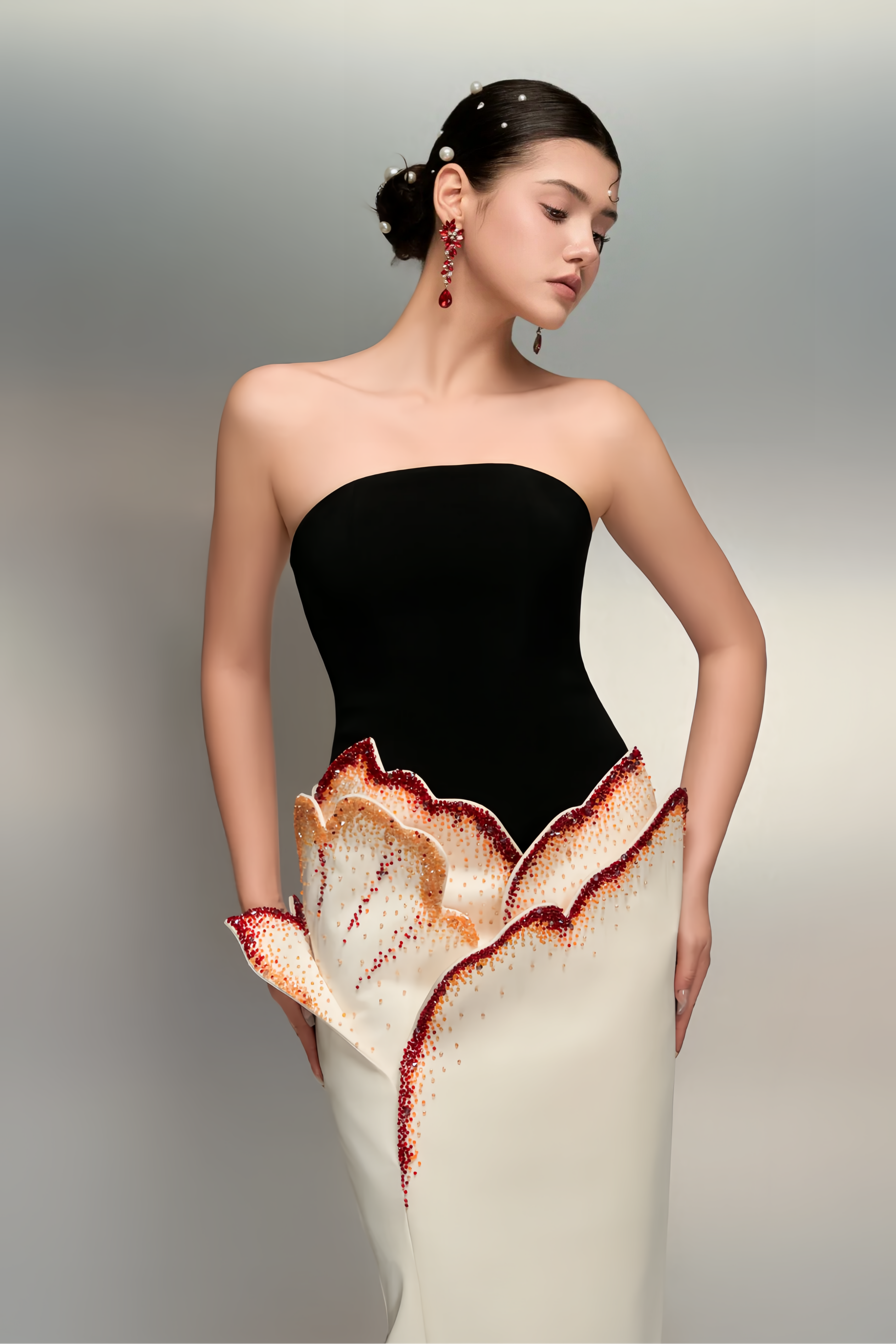 Mieke White Color Block 3D Petal Maxi Dress