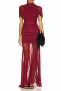 Sylphe Red Asymmetrical Ruched Mesh Maxi Dress
