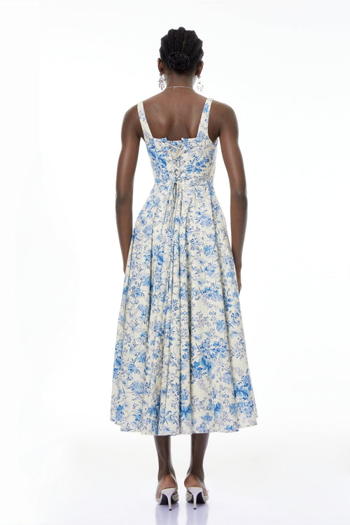 Adelheid Blue Floral Print Flared Midi Dress