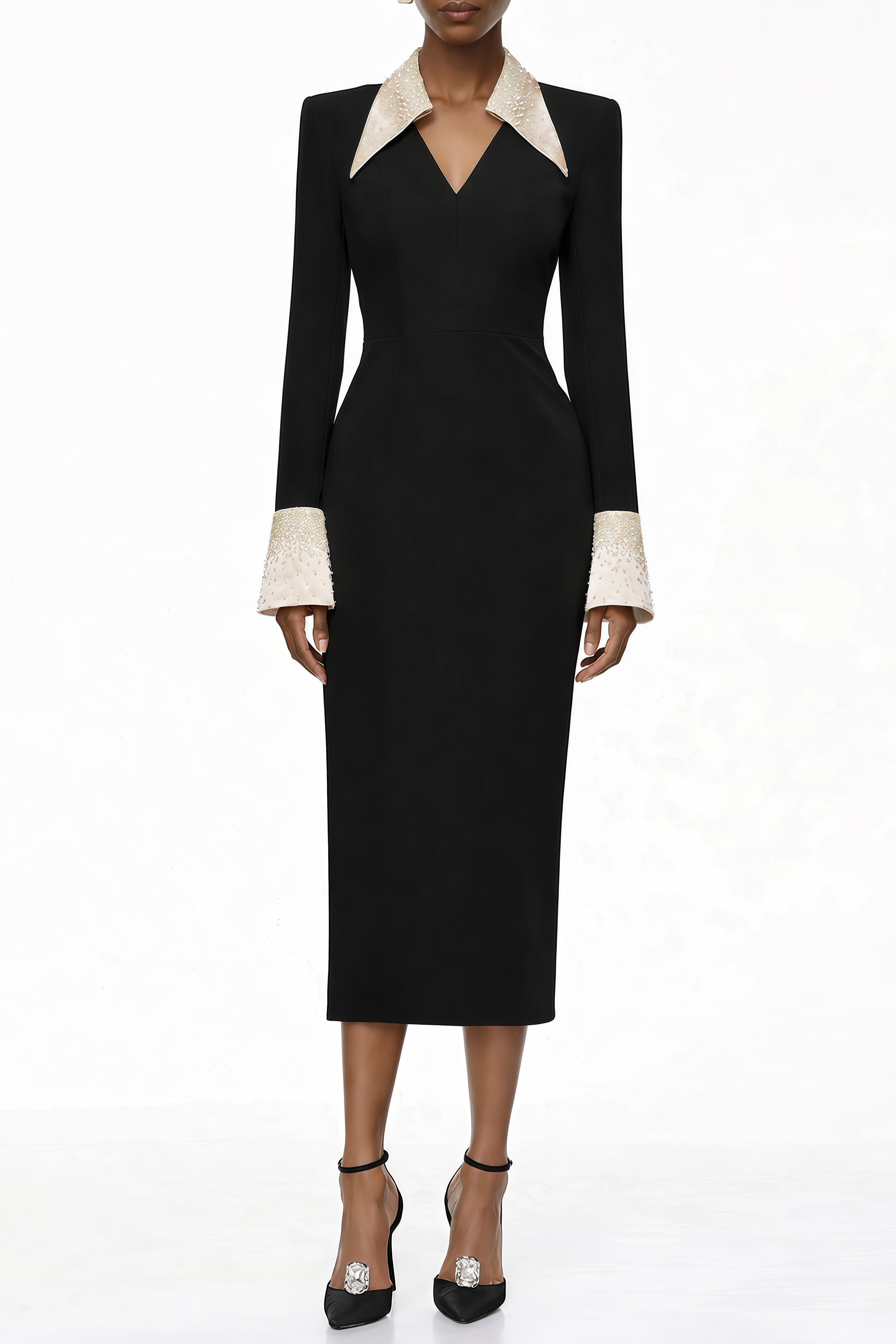 Vestido midi negro Aina con corsé adornado de MRTokyo, con detalles brillantes y ajustado en la cintura.