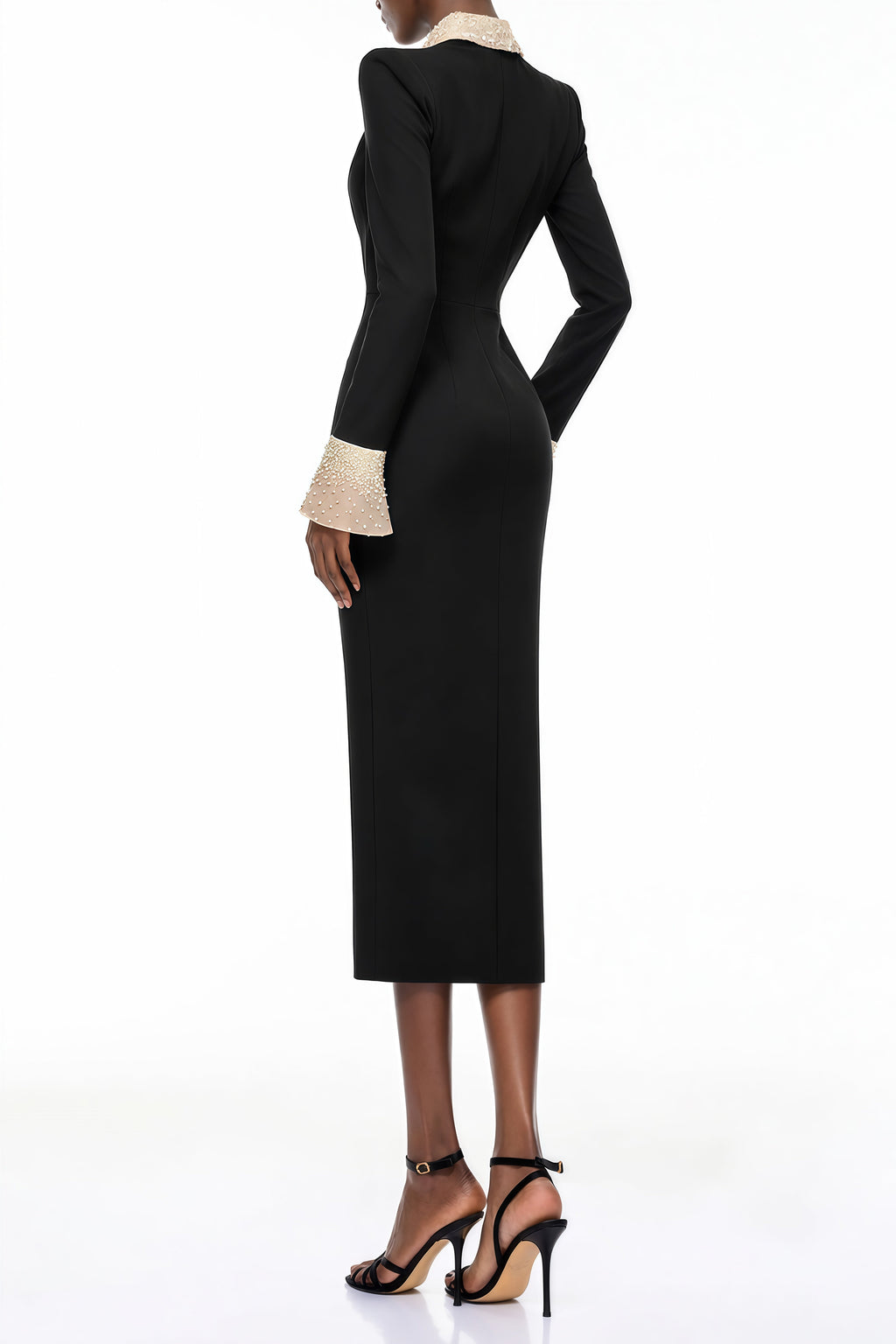 Vestido midi negro Aina con corpiño adornado y detalles brillantes, de la marca MRTokyo, para ocasiones elegantes.