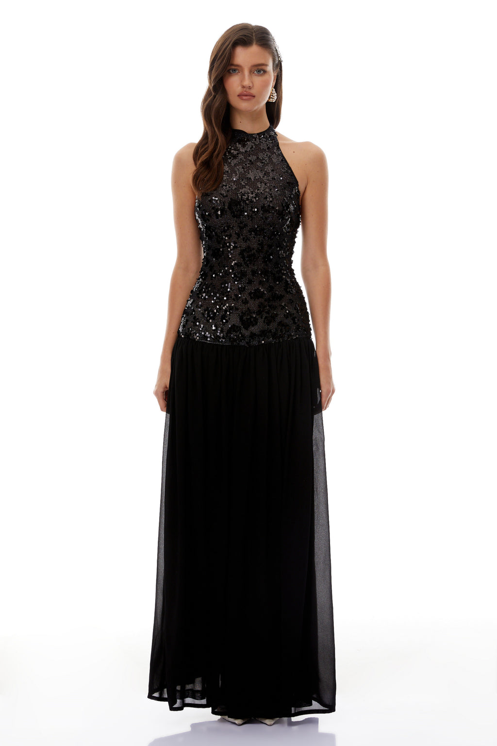 Ainoa Black Sequin Ruched Maxi Dress