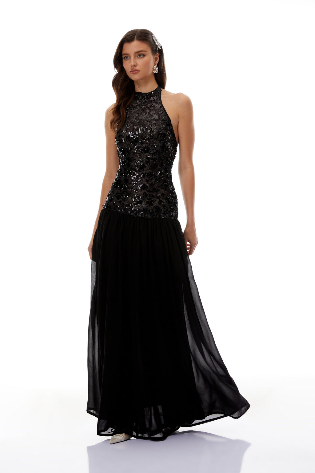 Ainoa Black Sequin Ruched Maxi Dress