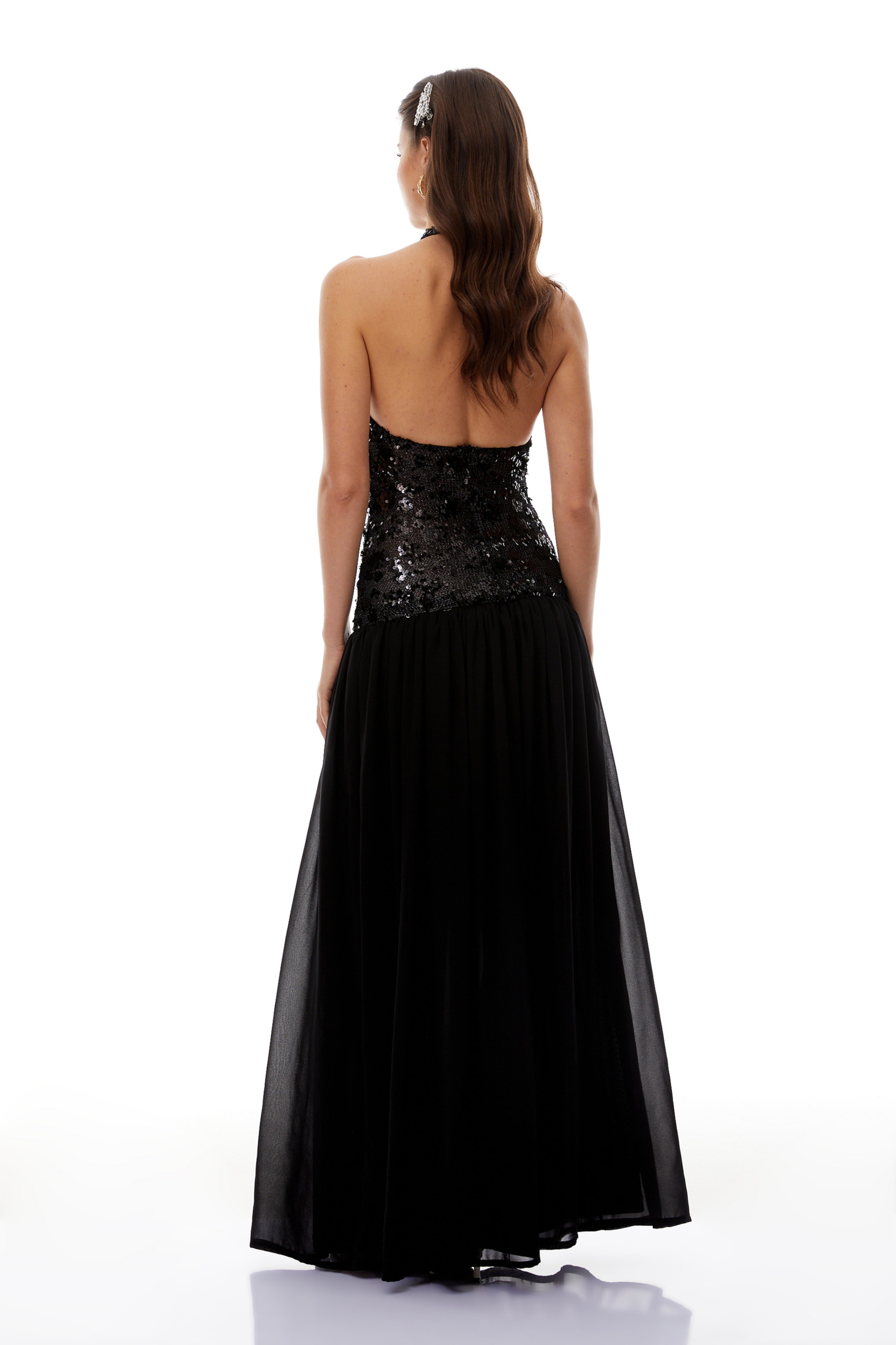 Ainoa Black Sequin Ruched Maxi Dress